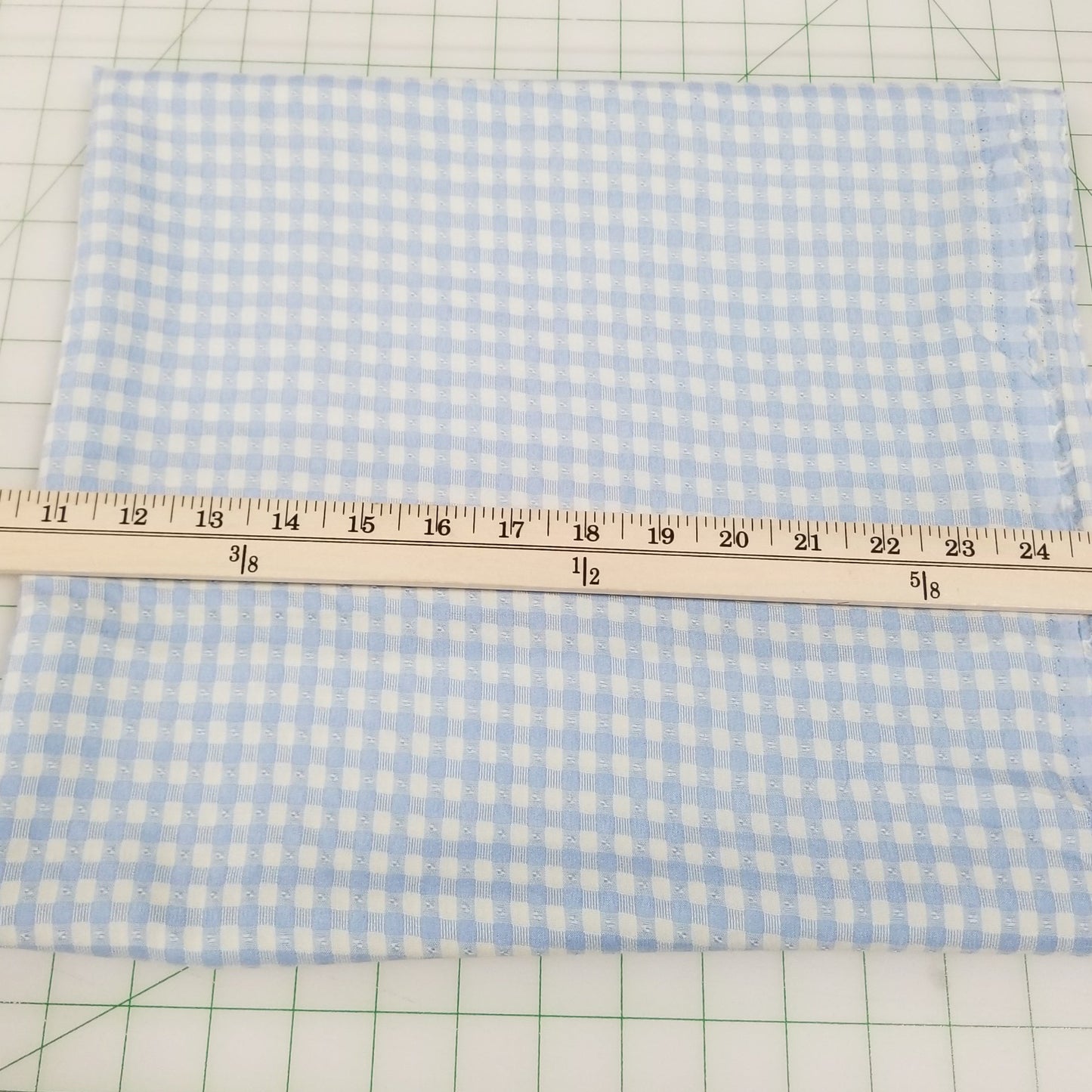 End of Bolt: 3-1/4th yards of Designer Deadstock 100% Rayon Gingham Blue and Off- White Textured Dot Woven-remnant