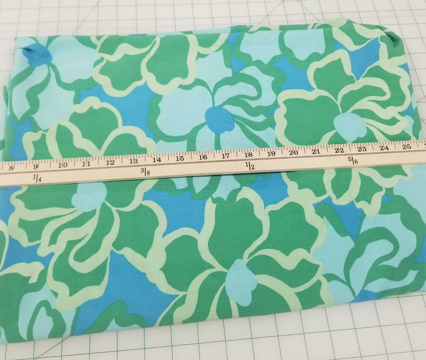 Designer LA Deadstock Rayon Crepe Resortwear Blue and Green Large Scale Florals Slight Stretch Woven- by the yard
