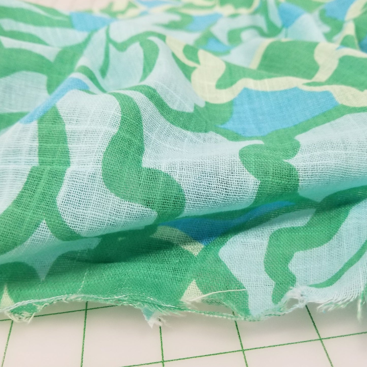 End of bolt: 4 yards of Designer LA Deadstock Resortwear Blue and Green Large Scale Florals Cotton Linen Loose Weave Woven-remnant