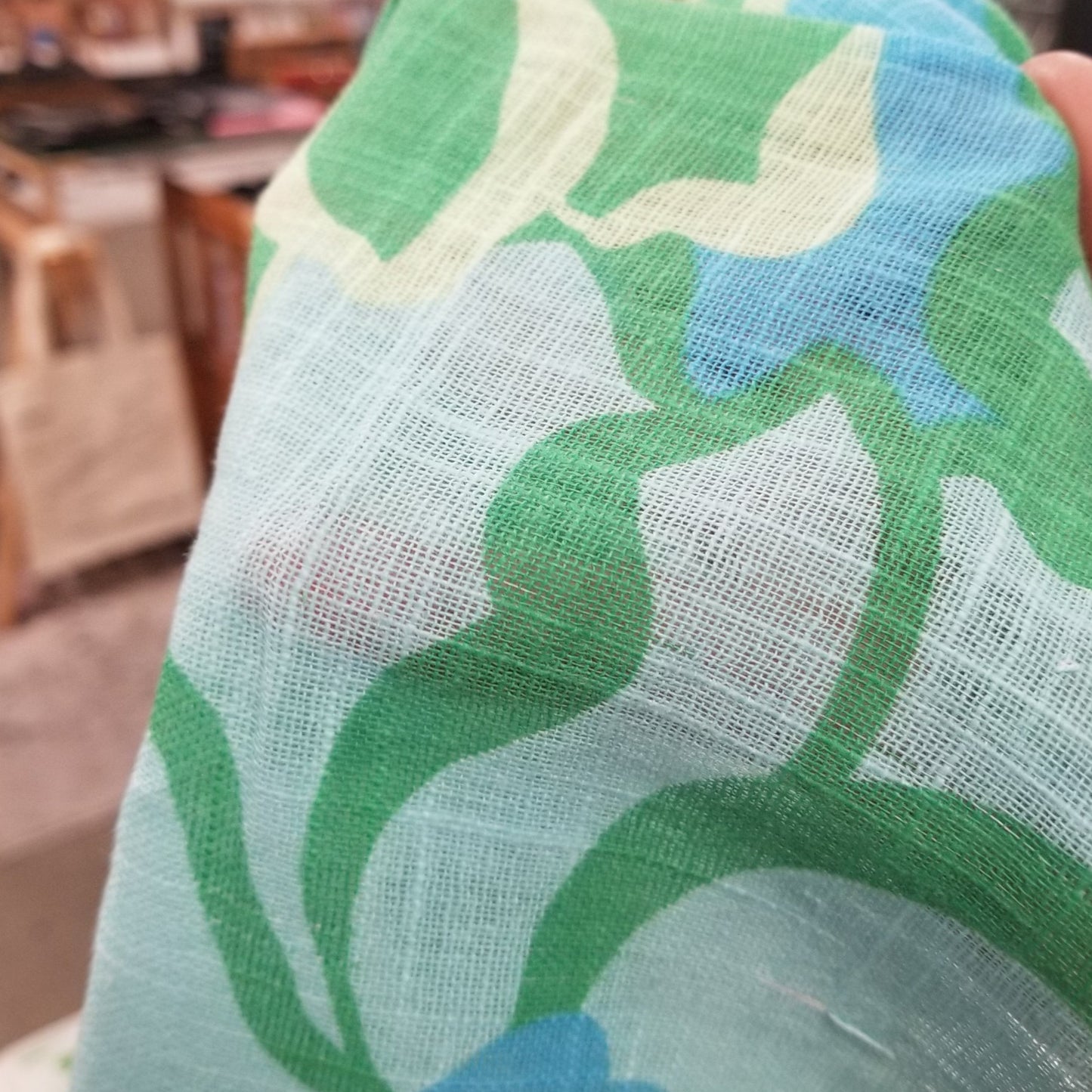 End of bolt: 4 yards of Designer LA Deadstock Resortwear Blue and Green Large Scale Florals Cotton Linen Loose Weave Woven-remnant