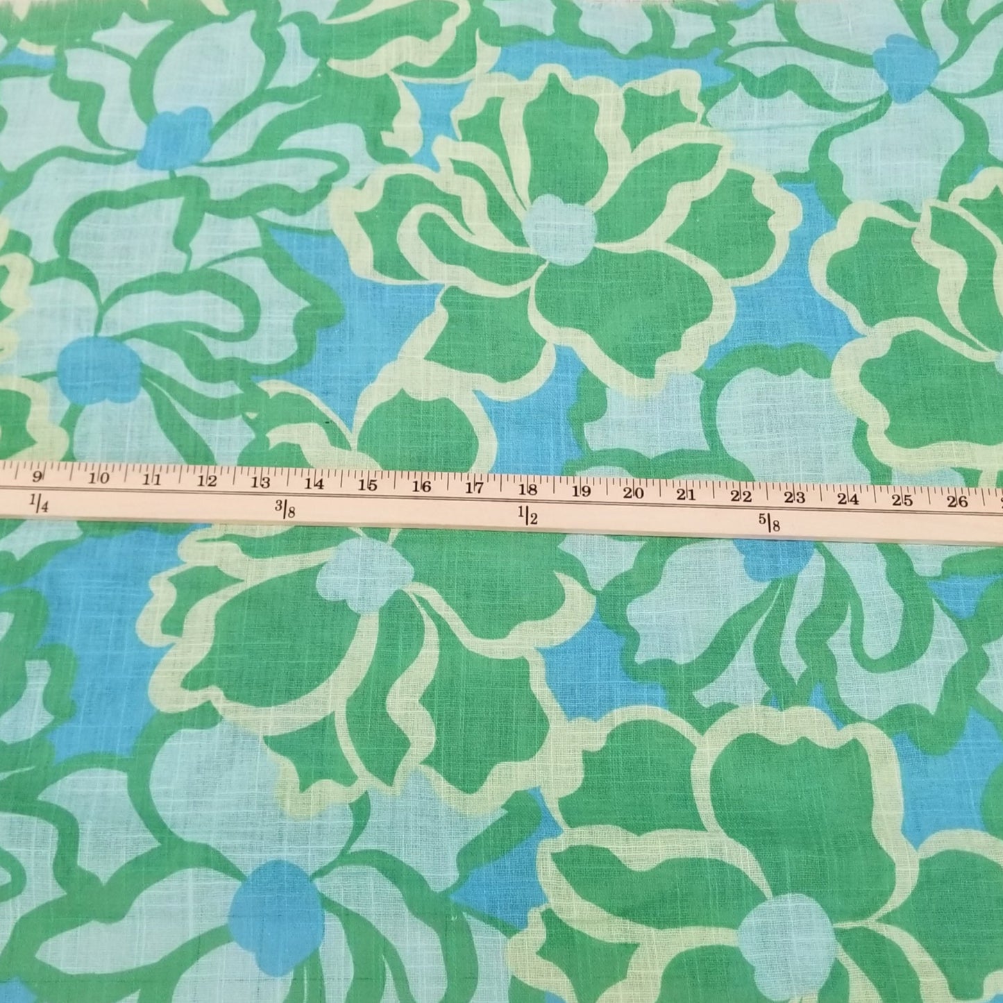 End of bolt: 4 yards of Designer LA Deadstock Resortwear Blue and Green Large Scale Florals Cotton Linen Loose Weave Woven-remnant