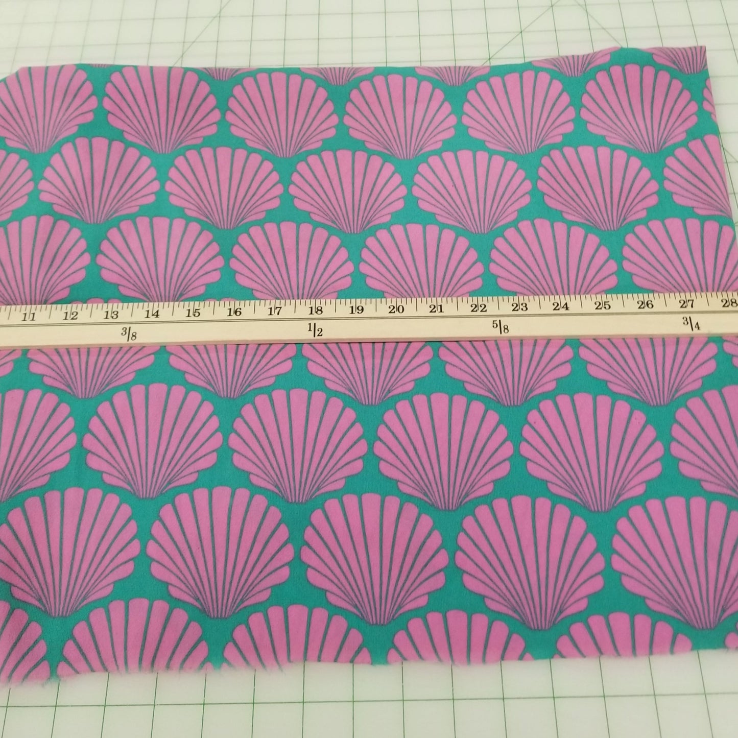 Designer Deadstock Sea Shells by the Sea Shore Pink and Turquoise Bubble Crepe Woven-by the yard