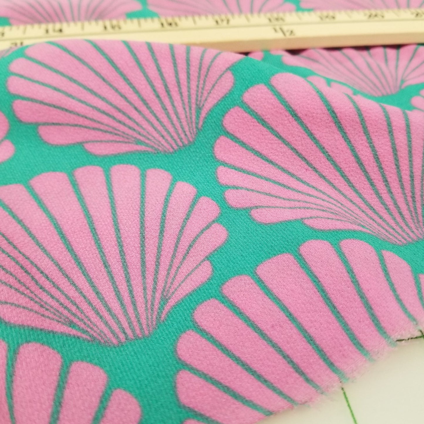 Designer Deadstock Sea Shells by the Sea Shore Pink and Turquoise Bubble Crepe Woven-by the yard