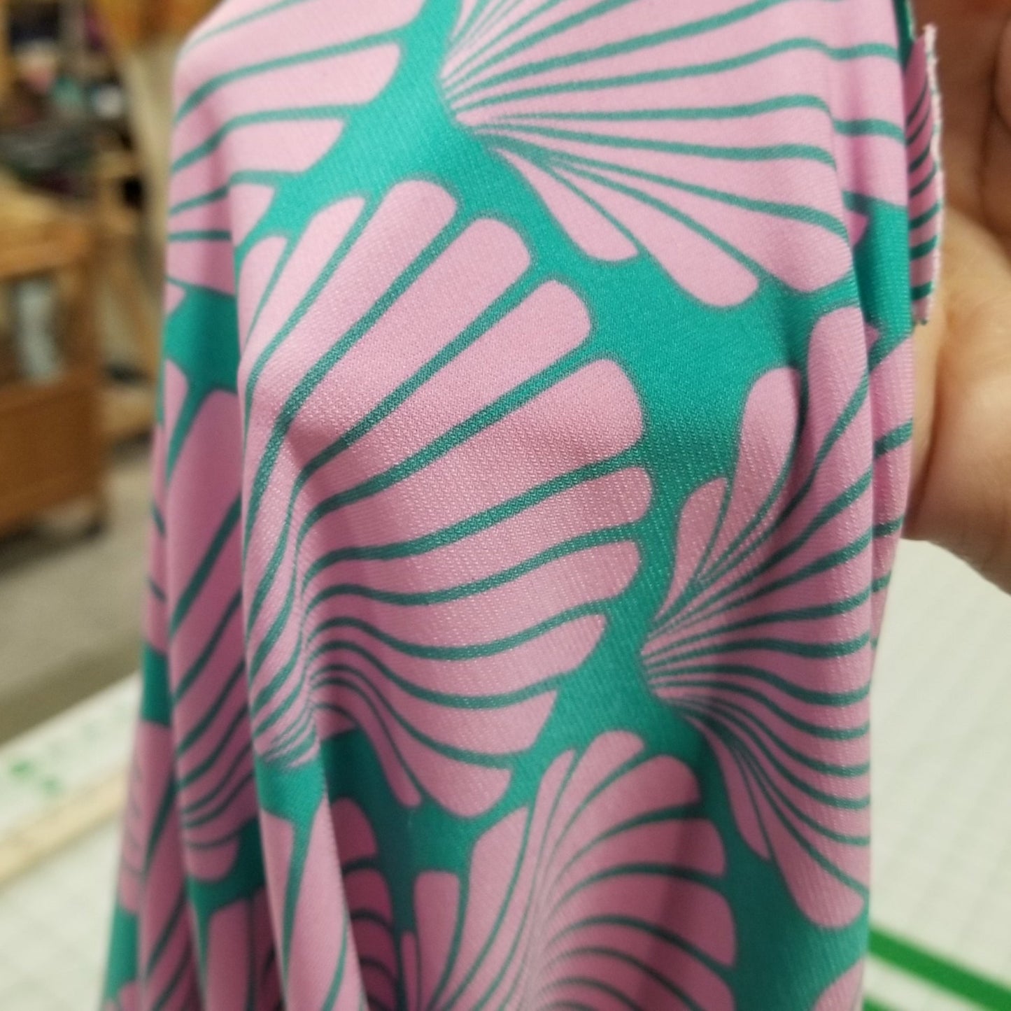 Designer Deadstock Sea Shells by the Sea Shore Pink and Turquoise ITY Knit-by the yard