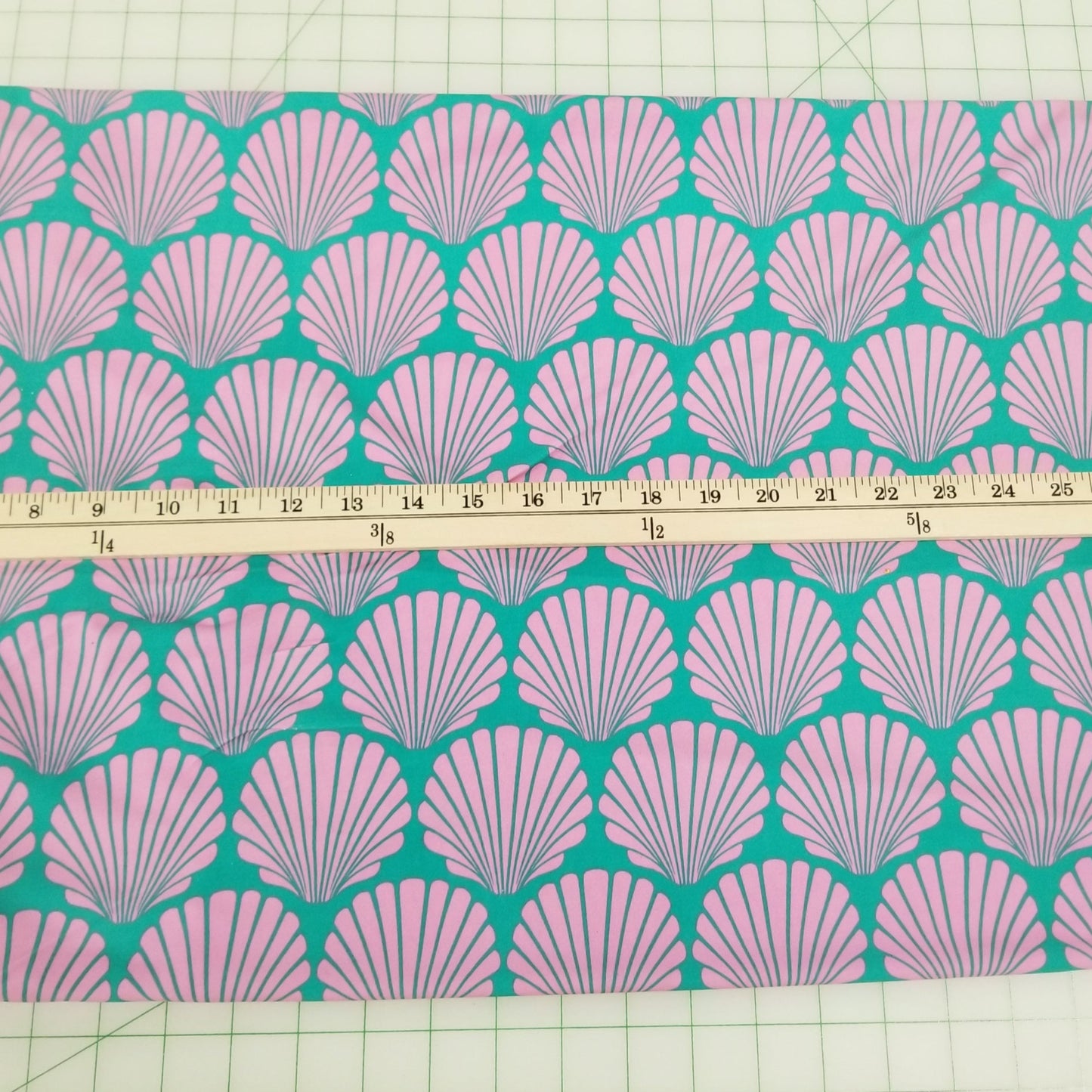 Designer Deadstock Sea Shells by the Sea Shore Pink and Turquoise ITY Knit-by the yard