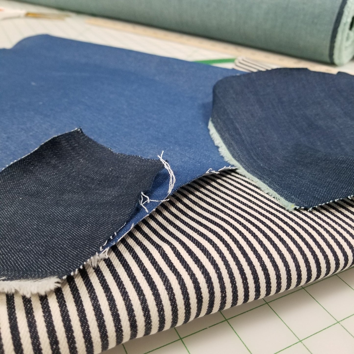 End of Bolt: 1 yard of Cone Mills Light Indigo Blue Stretch Denim Woven 10 oz- remnant