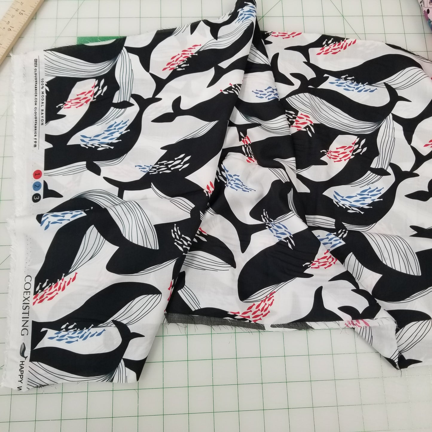 Cloud9 Fabrics: MODAL RAYON Coexisting Modal by Ophelia Pang Happy Whales Woven 3.10oz- by the Half Yard