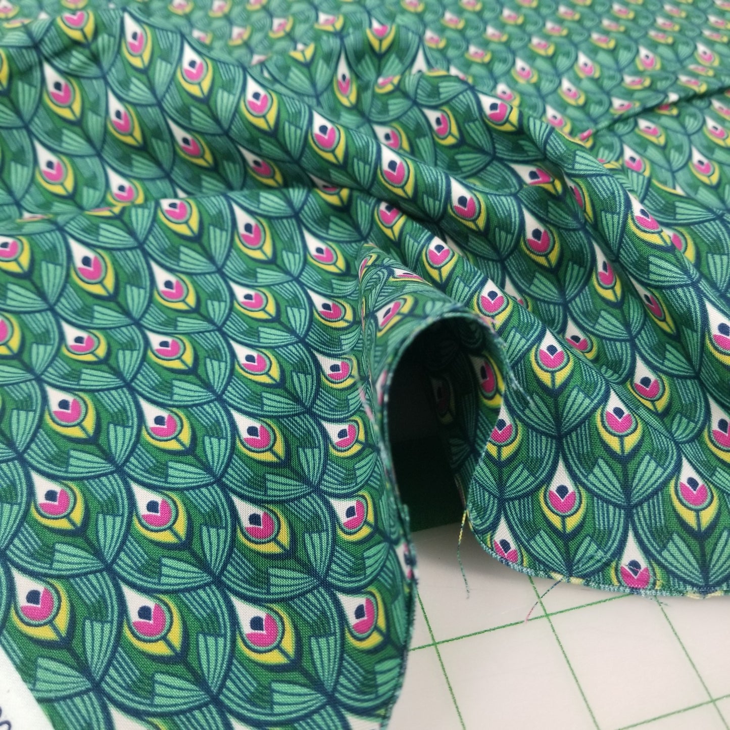 Figo Fabrics: Wild Abandon Peacock Midnight Small Scale Green Feathers Cotton Woven- by the Half Yard