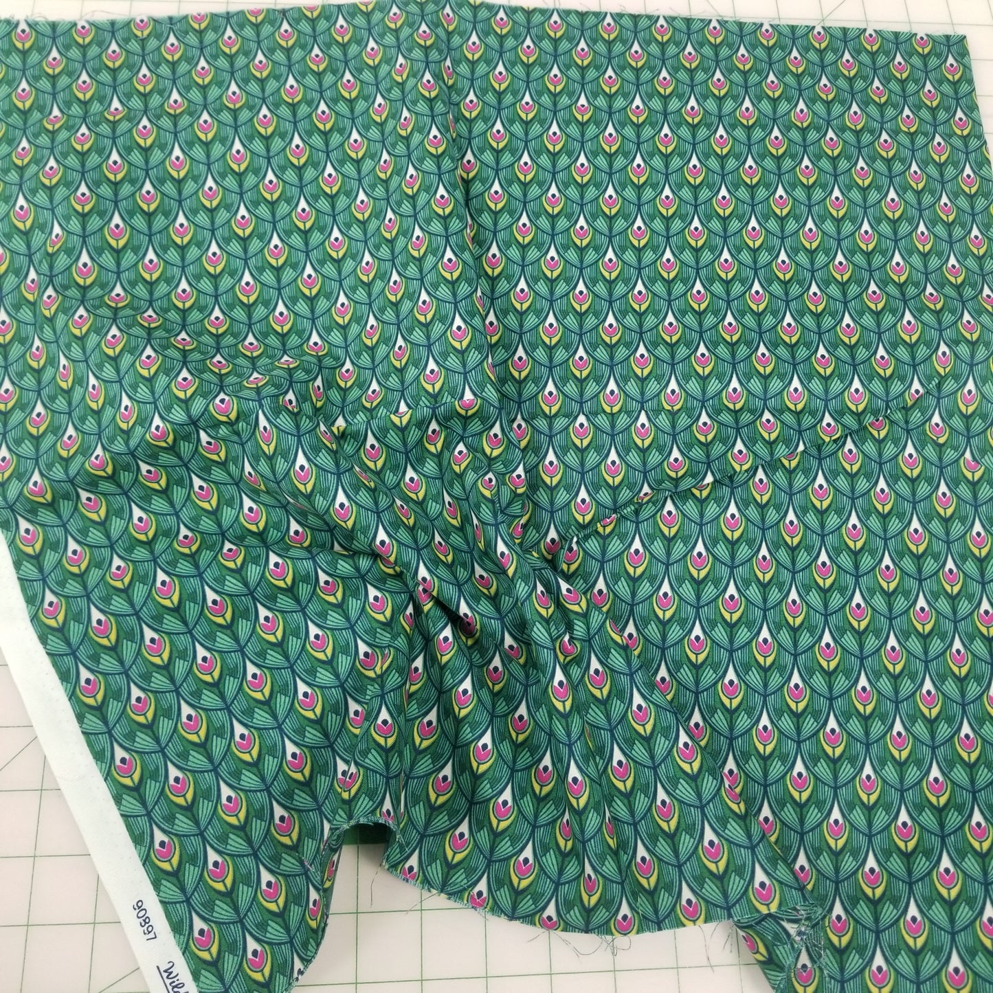 Figo Fabrics: Wild Abandon Peacock Midnight Small Scale Green Feathers Cotton Woven- by the Half Yard