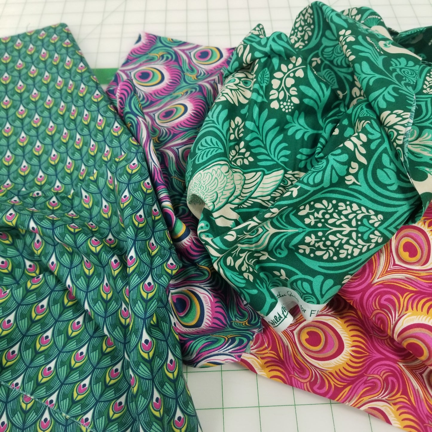 Figo Fabrics: Wild Abandon Peacock Midnight Small Scale Green Feathers Cotton Woven- by the Half Yard