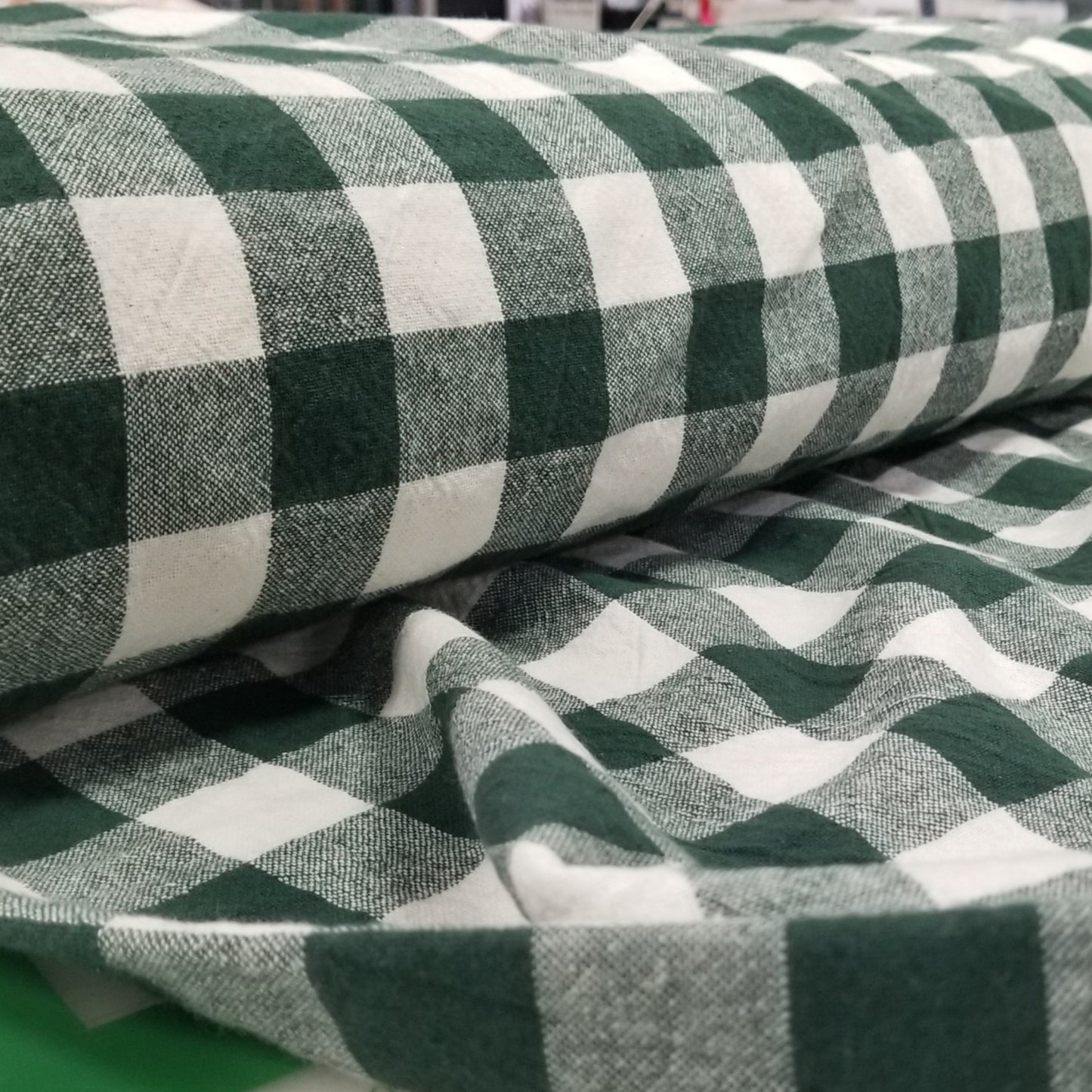 Organic Cotton Checkered Yarn Dyed Pine Green Large Gingham 6.34oz Textured Woven- by the yard