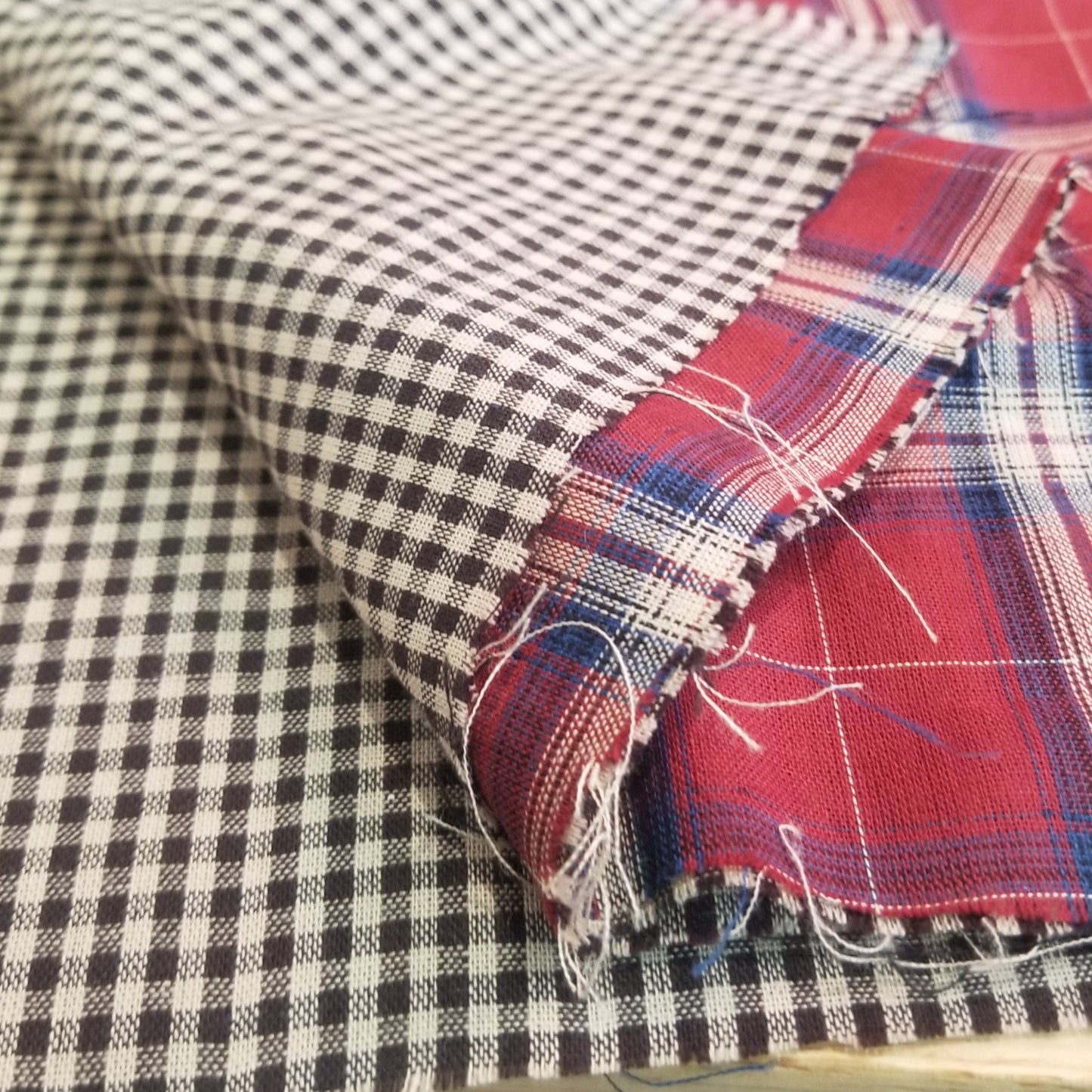 Designer Deadstock Red Plaid with Gingham Black and Khaki Reverse Soft Cotton Double Gauze Woven- by the yard
