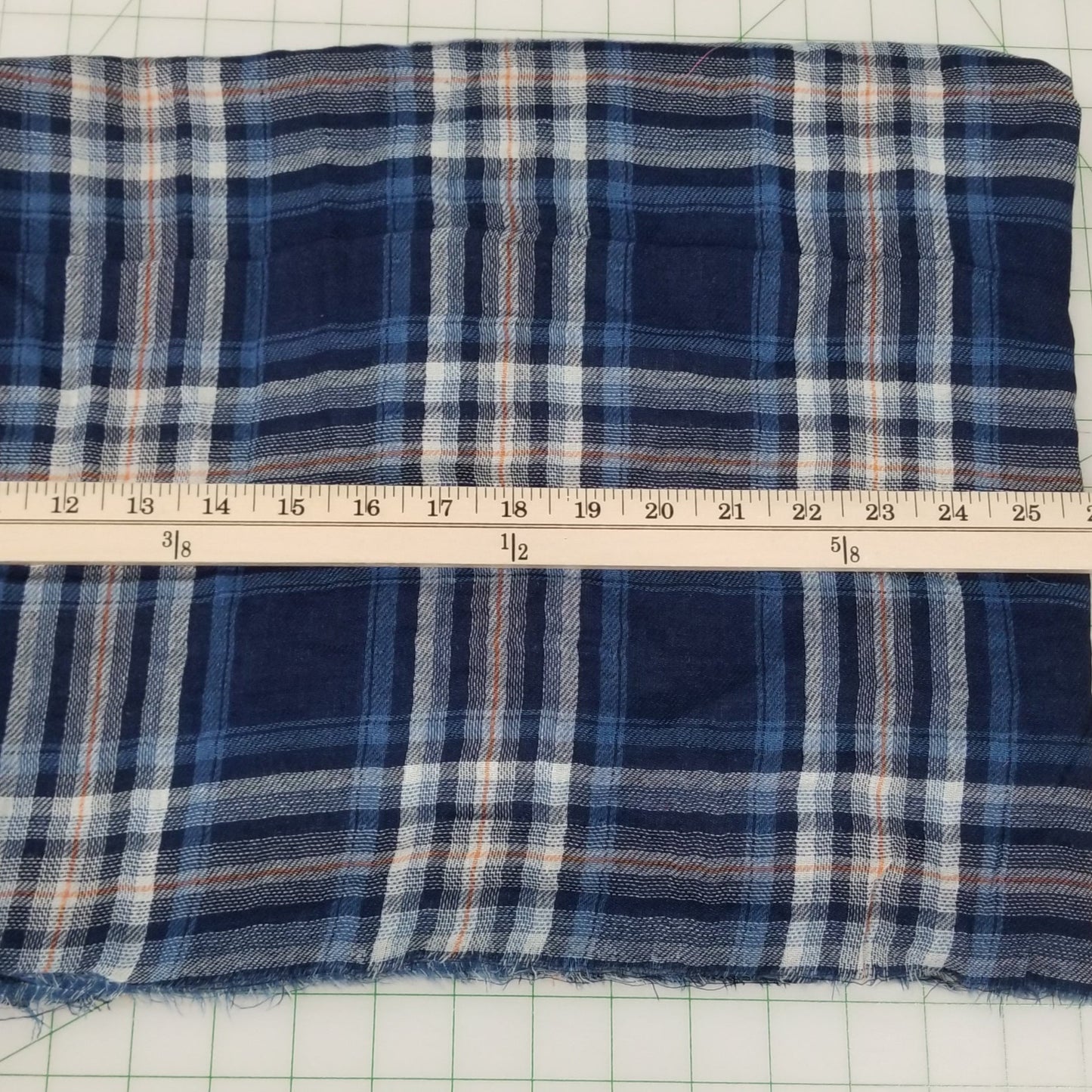 Designer Deadstock Blue Plaid with Reverse Blue and Ivory Soft Cotton Double Gauze Woven- by the yard