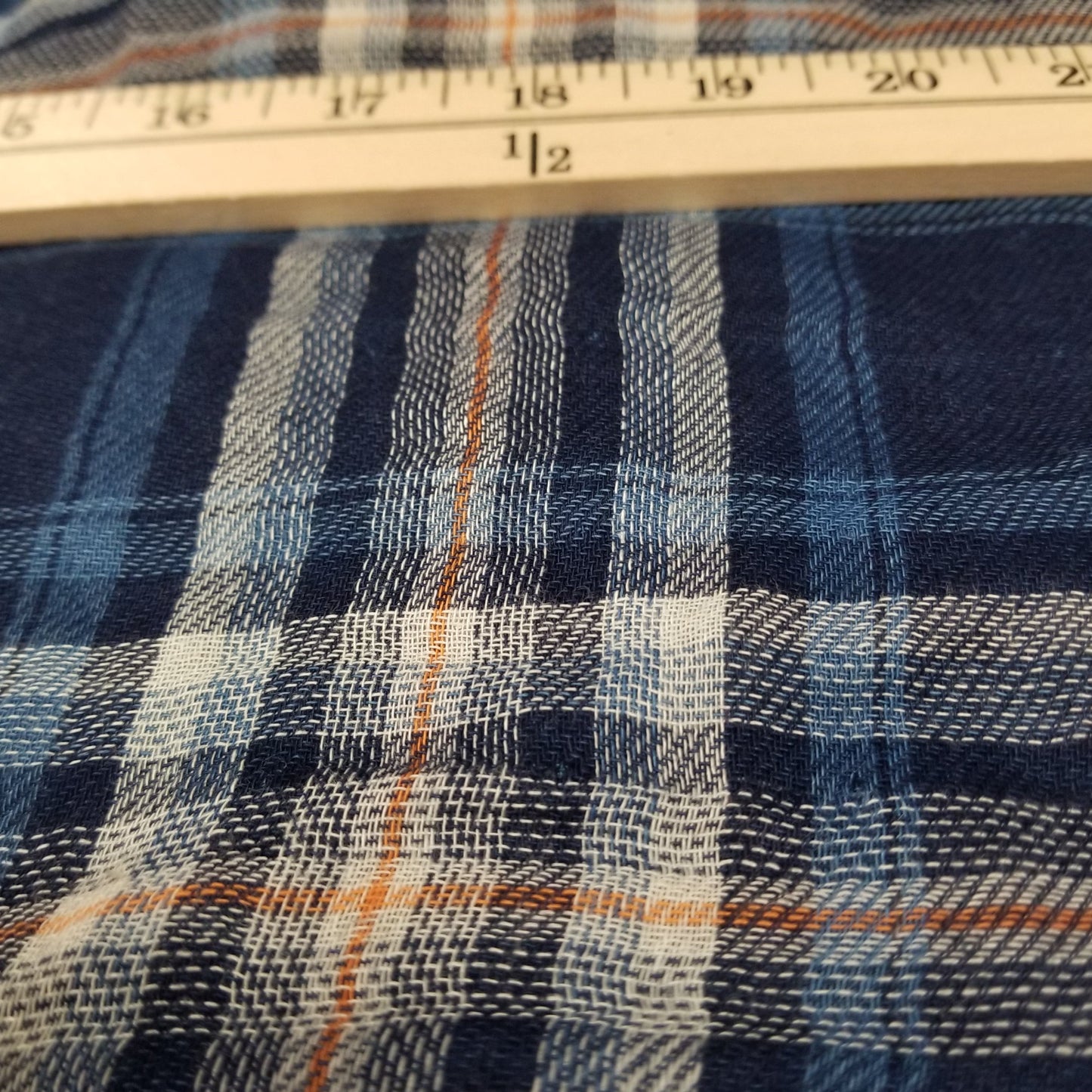 Designer Deadstock Blue Plaid with Reverse Blue and Ivory Soft Cotton Double Gauze Woven- by the yard