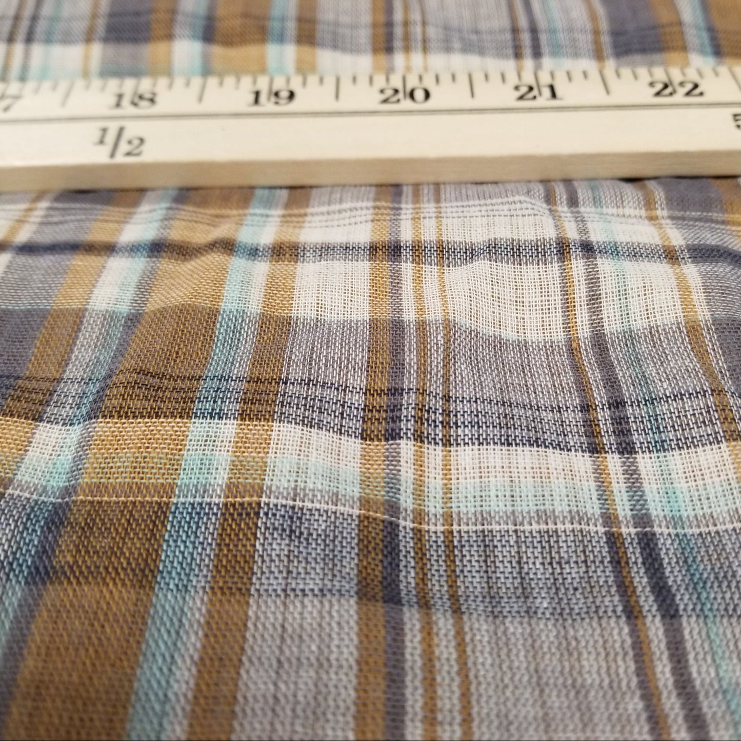 Designer Deadstock Caramel and Aqua Plaid with Micro Gingham Reverse Soft Cotton Double Gauze Woven- by the yard