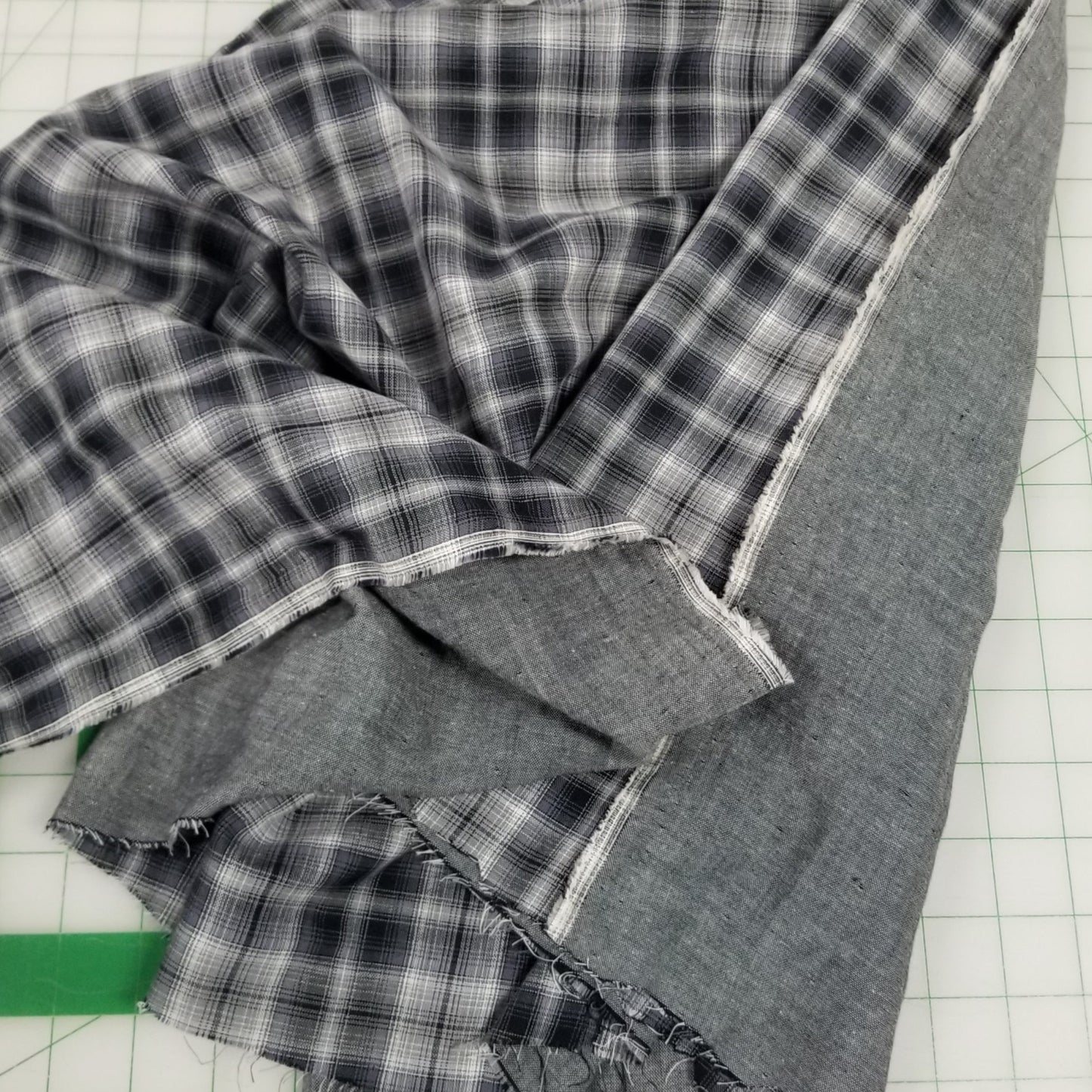 Designer Deadstock Black and Gray Plaid with Chambray Pepper Reverse Soft Cotton Double Gauze Woven- by the yard