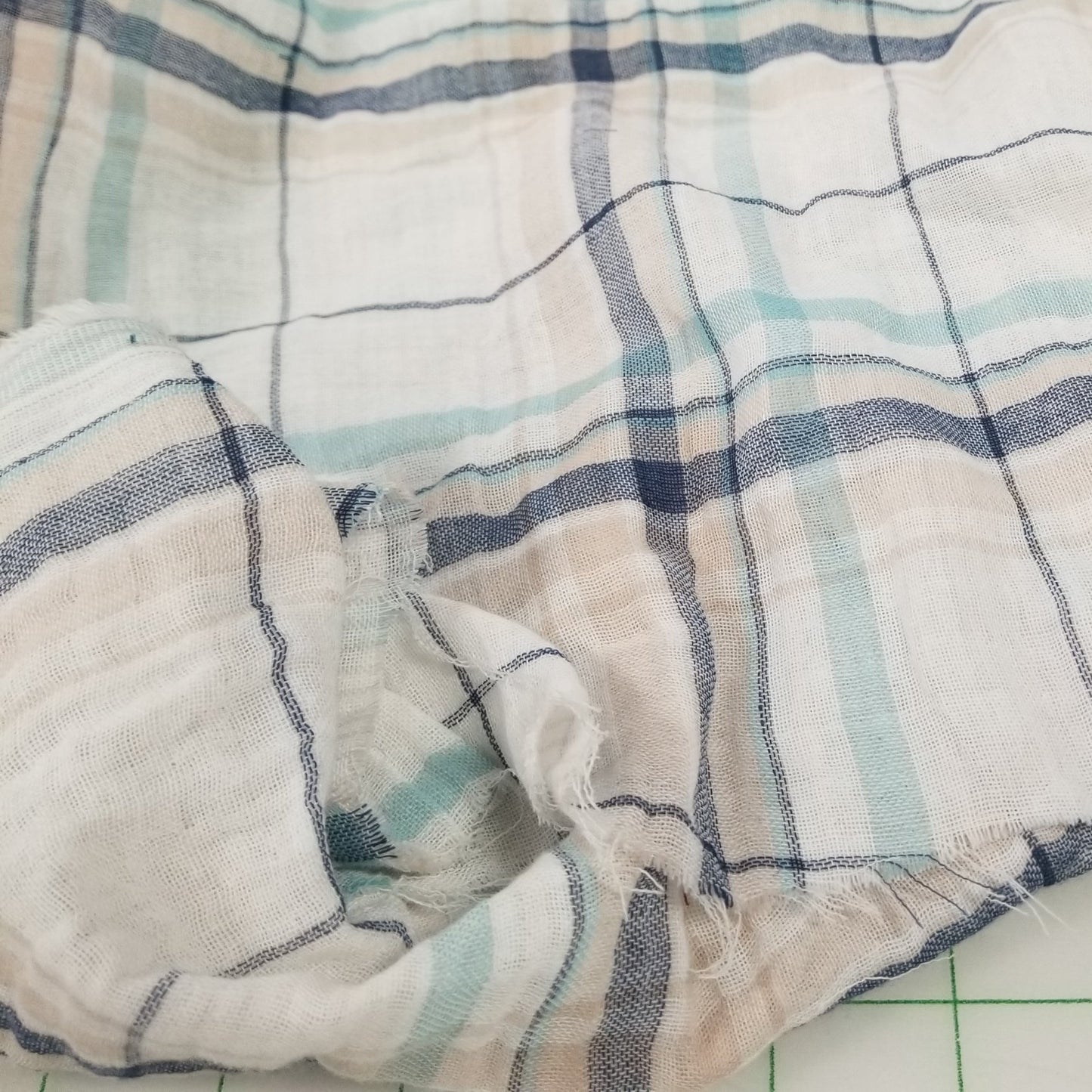 Designer Deadstock White and Light Blue Plaid with Reverse Sand Khaki Stripe Soft Cotton Double Gauze Woven- by the yard