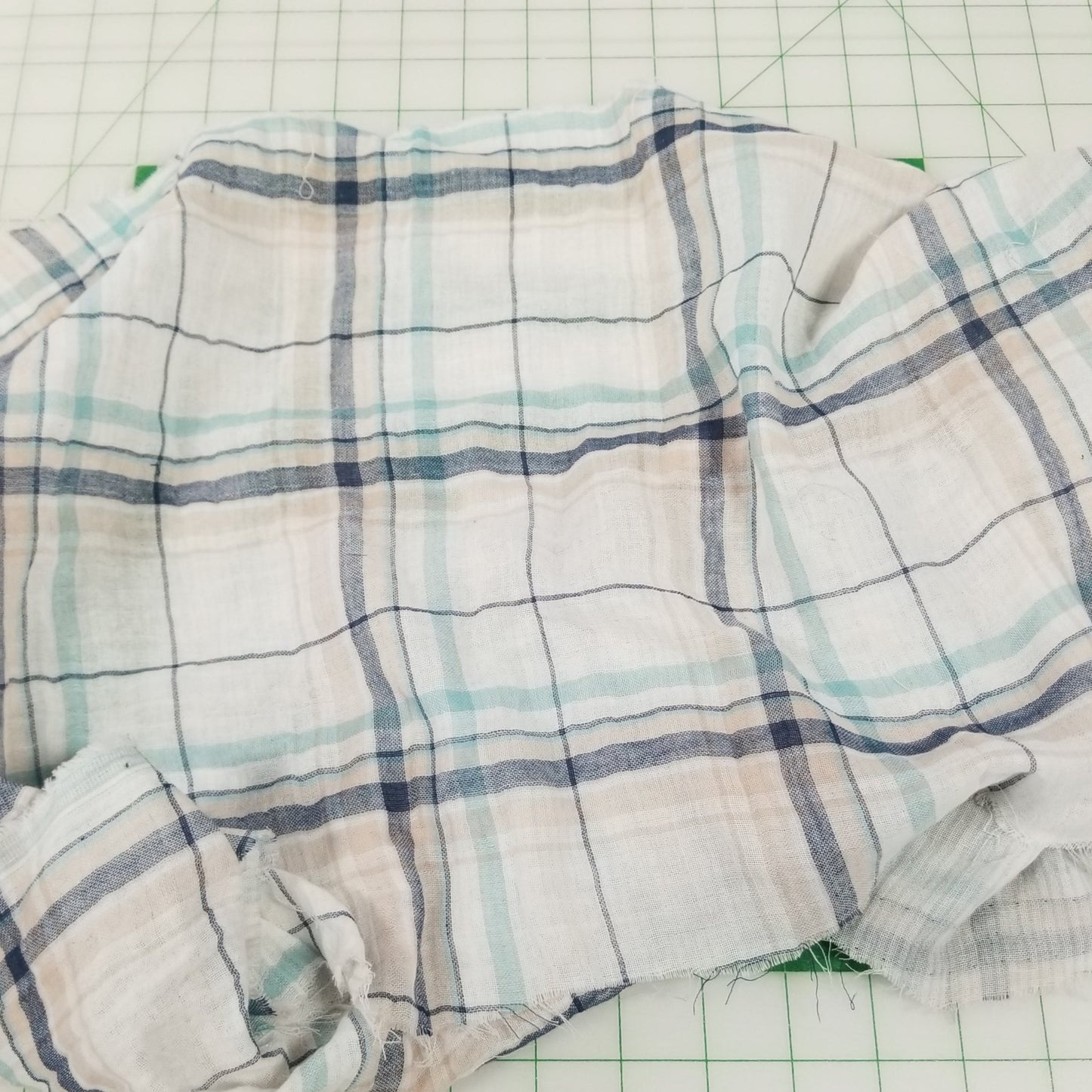 Designer Deadstock White and Light Blue Plaid with Reverse Sand Khaki Stripe Soft Cotton Double Gauze Woven- by the yard