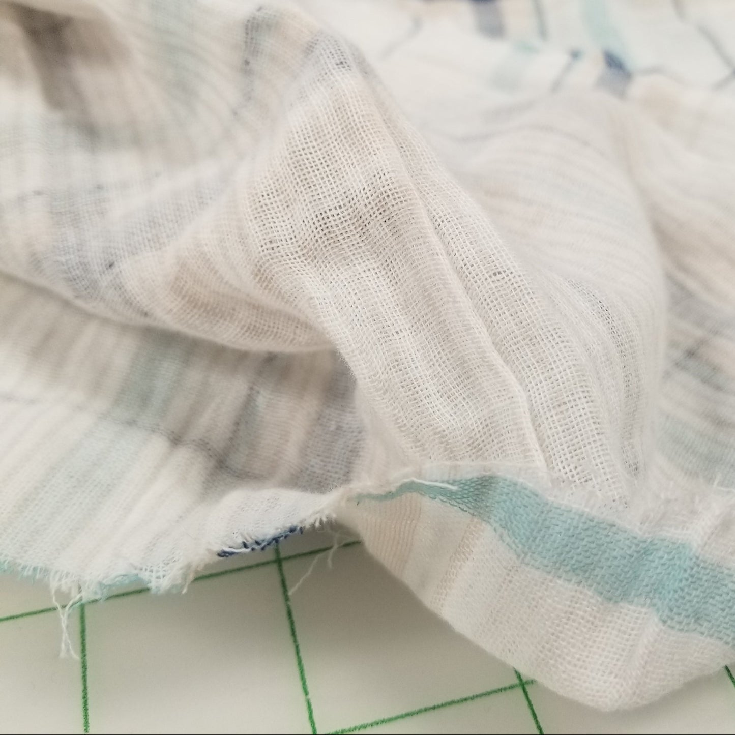 Designer Deadstock White and Light Blue Plaid with Reverse Sand Khaki Stripe Soft Cotton Double Gauze Woven- by the yard
