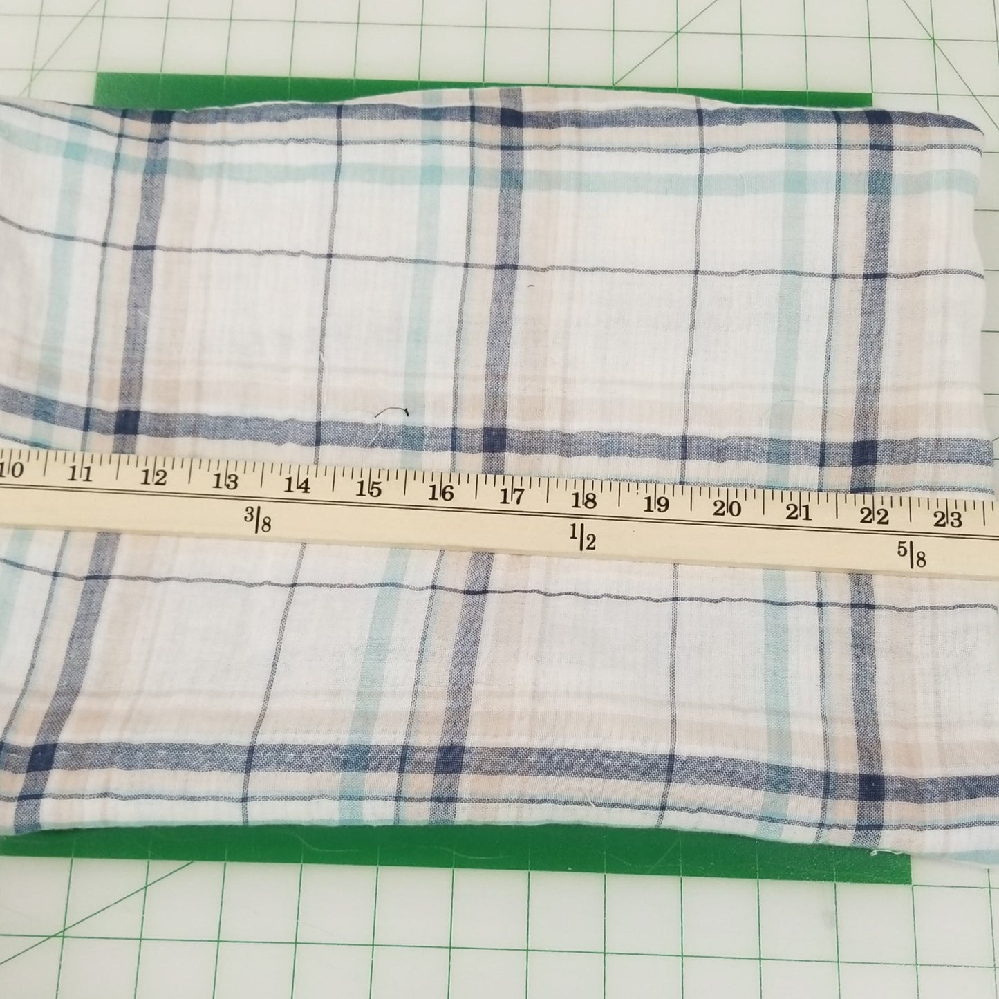 Designer Deadstock White and Light Blue Plaid with Reverse Sand Khaki Stripe Soft Cotton Double Gauze Woven- by the yard