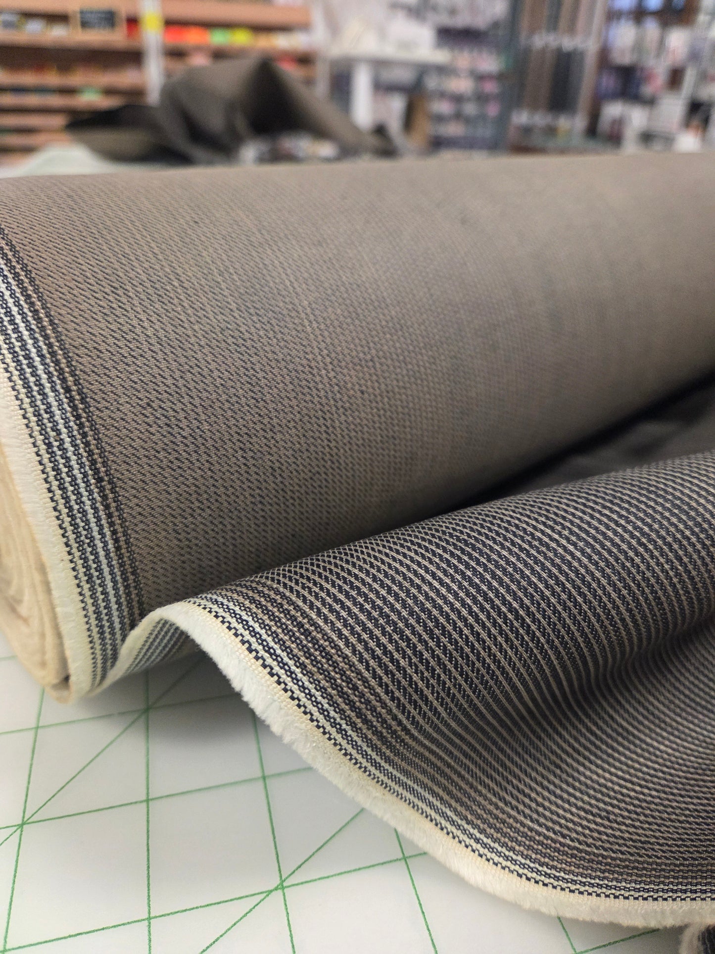 Designer Deadstock Italian Railroad Stripe Brown & Indigo 10oz Stretch Denim- by the yard