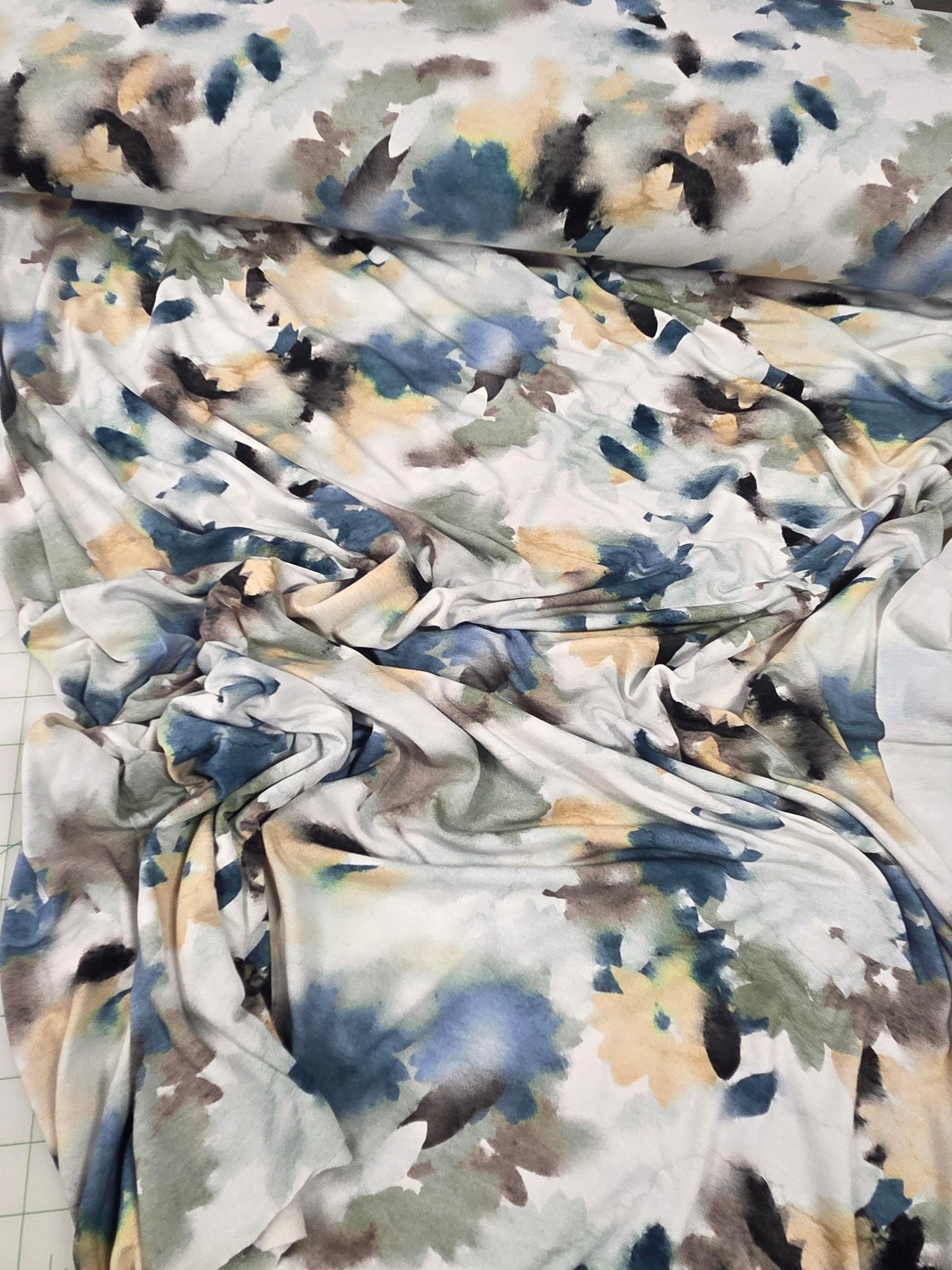 Premium Quality Dakota Rayon Spandex Abstract Watercolor Light Blue, Sage, and Muted Yellow Print Knit 7.23 oz- by the yard