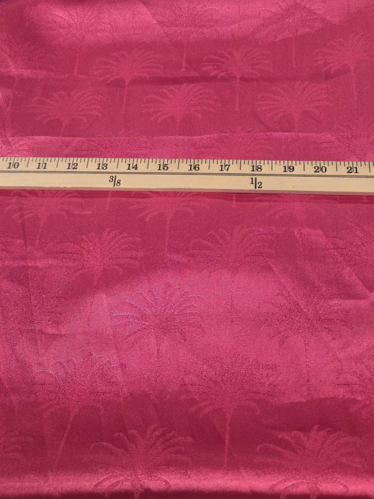 End of Bolt: 3 yards of Designer LA Deadstock Vibrant Fuchsia Stretch Satin Palm Trees with Sheen Woven-remnant