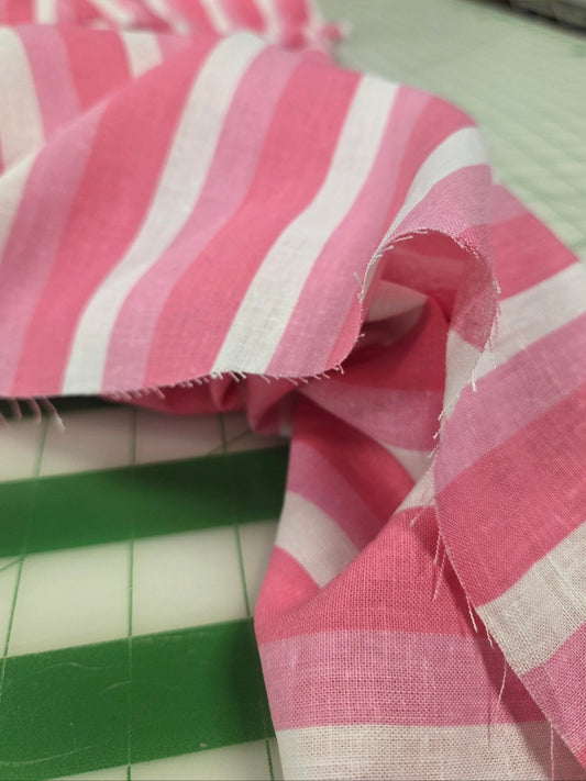 Designer Deadstock Multi Pink Vertical Stripe Laundered Rayon Linen Woven- by the yard