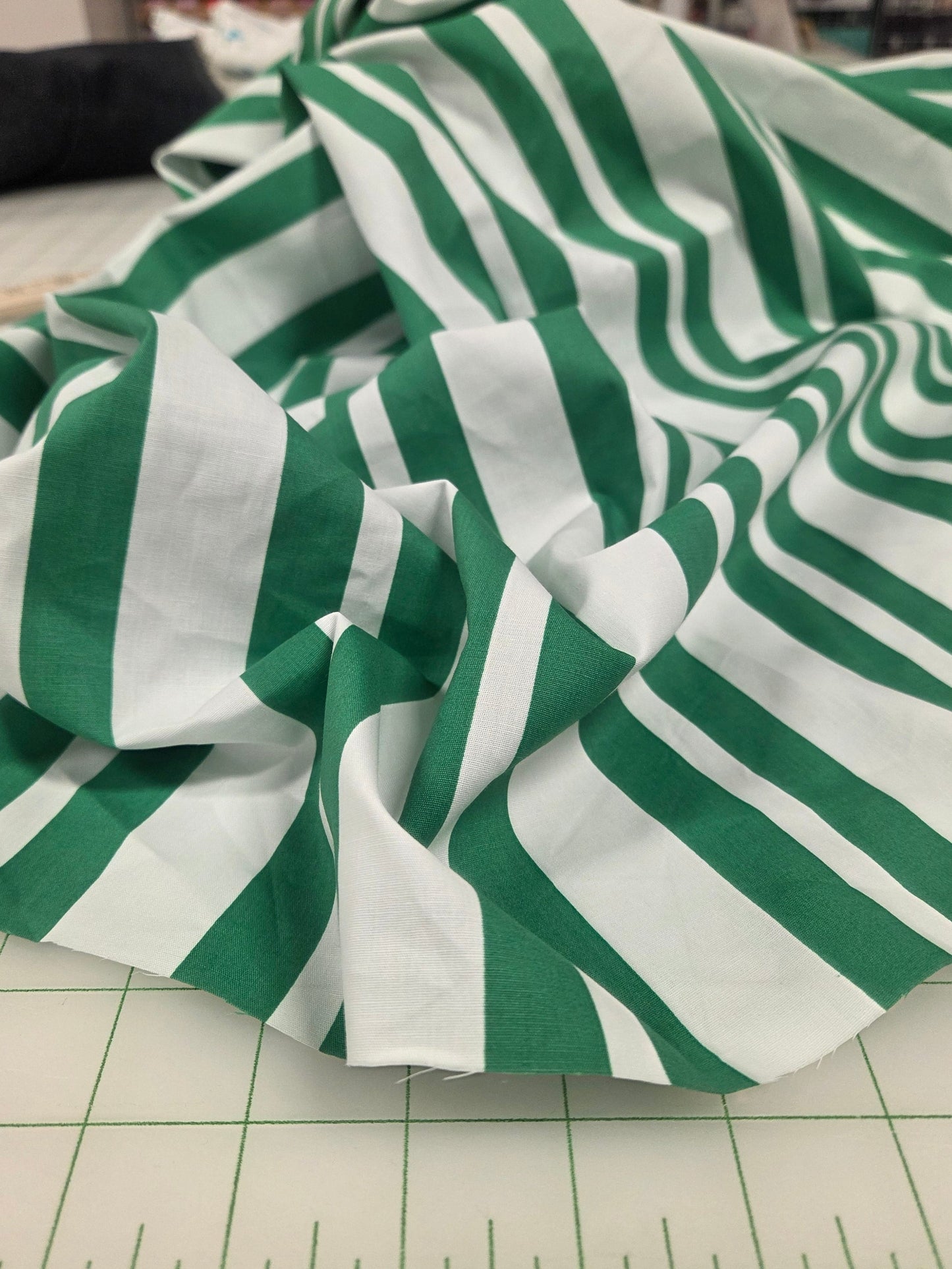 Designer LA Deadstock Cotton Spandex Shirting Poplin Vertical Multi-Stripe Kelly Green and Ivory Woven- by the yard