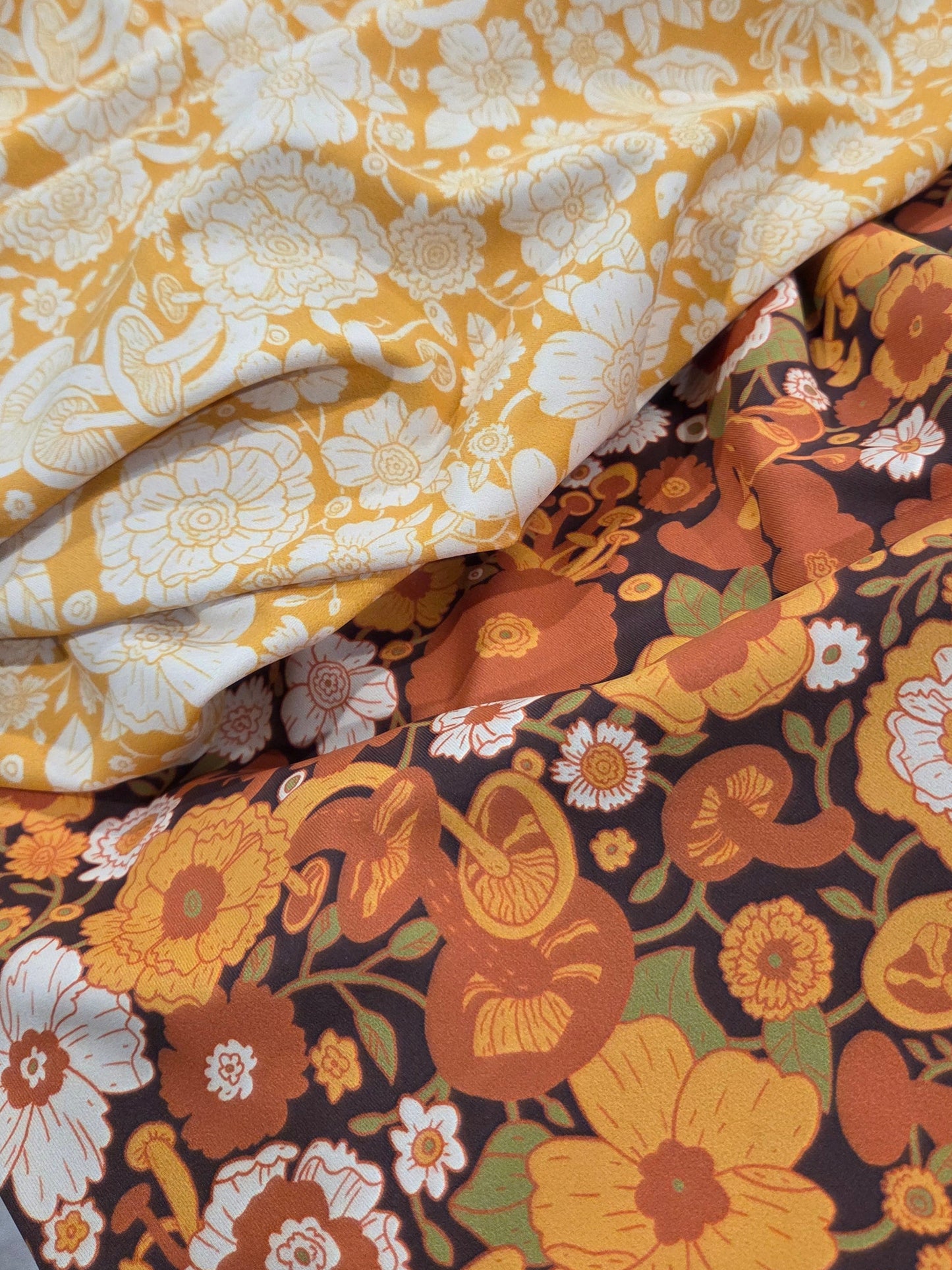 LA Designer Deadstock Woodland Retro Goldrenrod Yellow Florals and Mushrooms Activewear/Swim Nylon Spandex Moisture Wicking Knit- by the yard