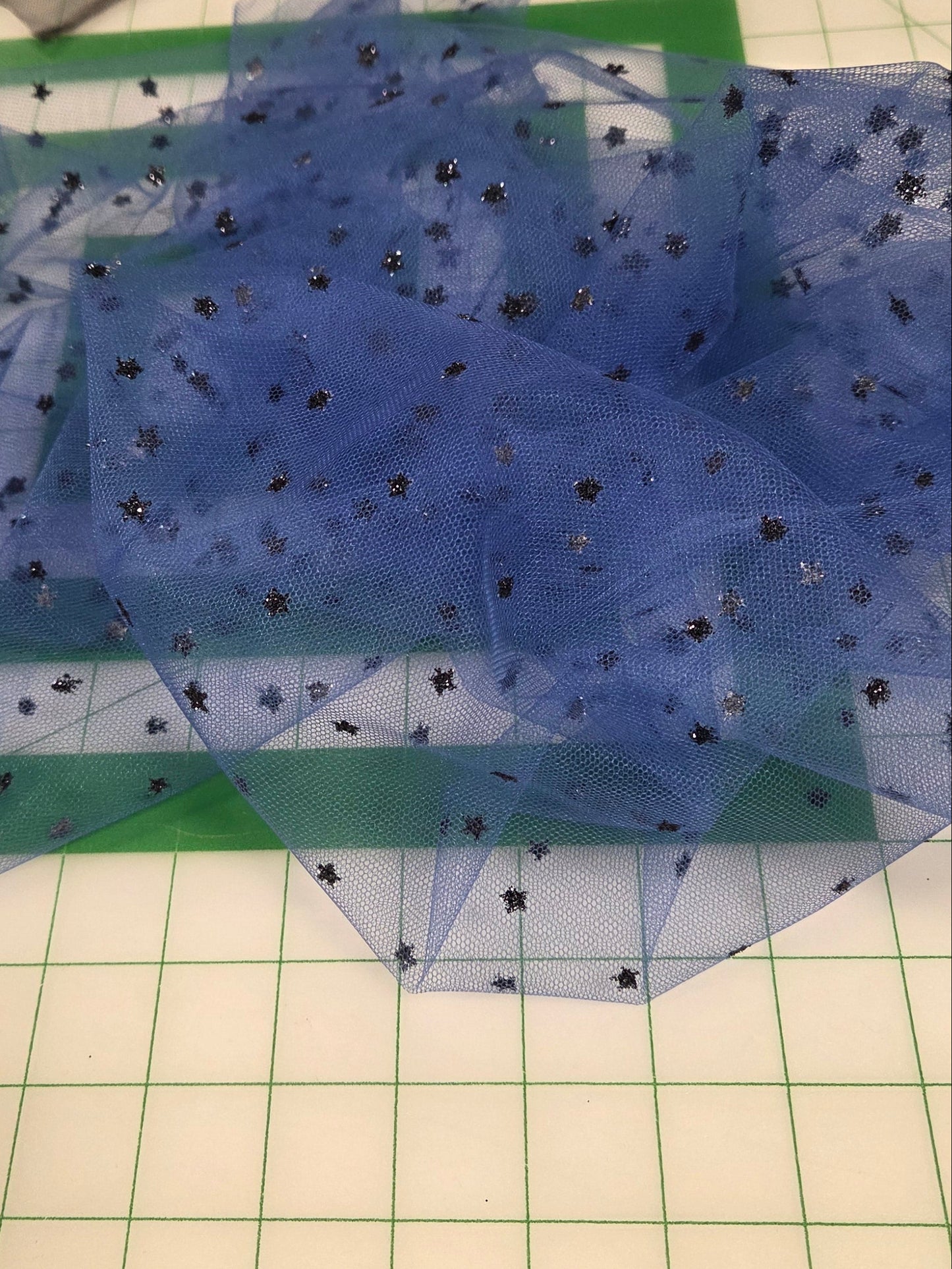 Designer Deadstock Black Glitter Star Special Occasion Royal Blue Tulle Woven- by the yard