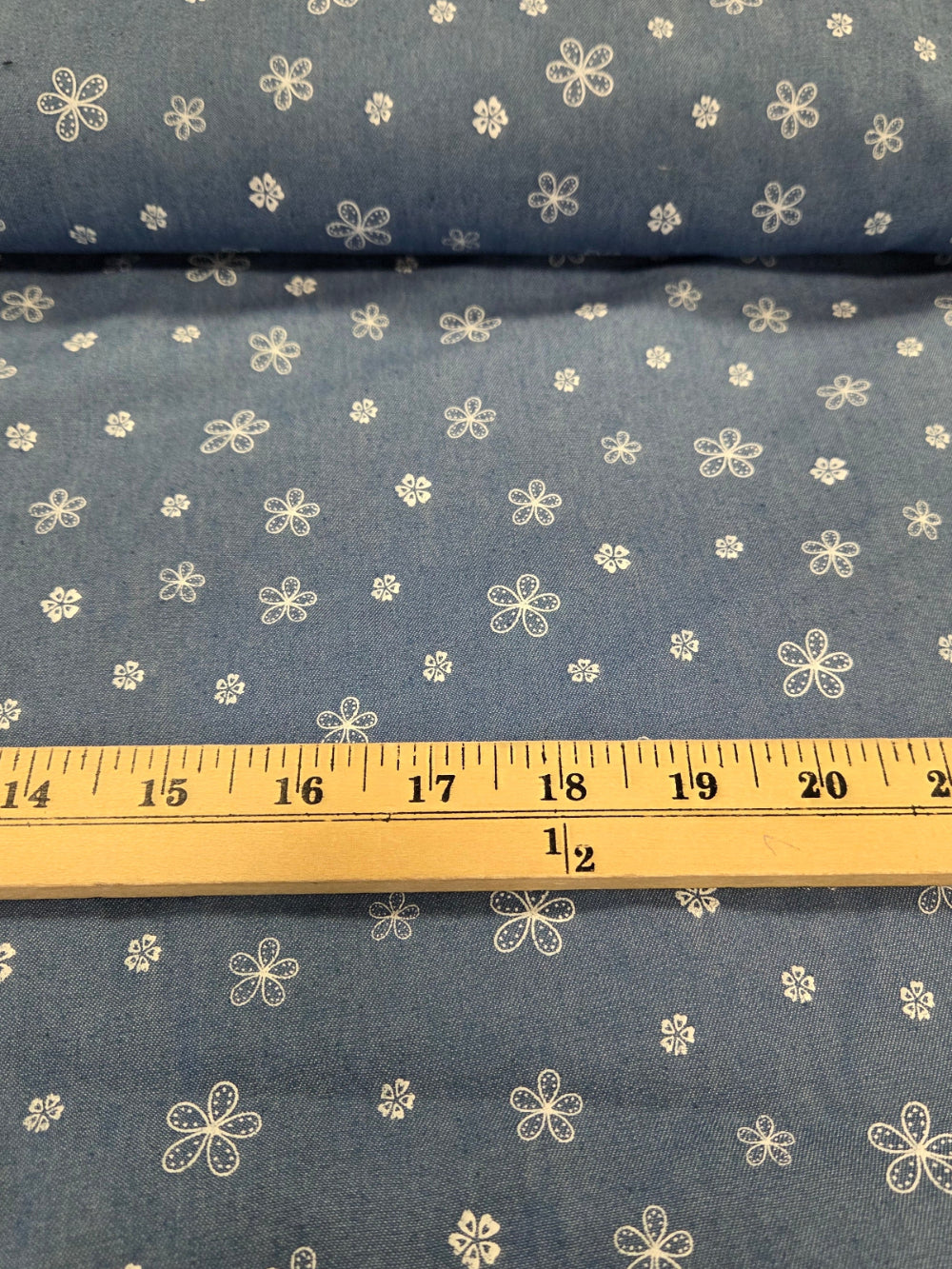 Cotton Blend Printed Medium Blue Floral Chambray Shirting Woven- by the yard