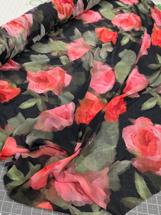 Designer Deadstock Crinkle Textured Romantic Roses Chiffon Woven- by the yard