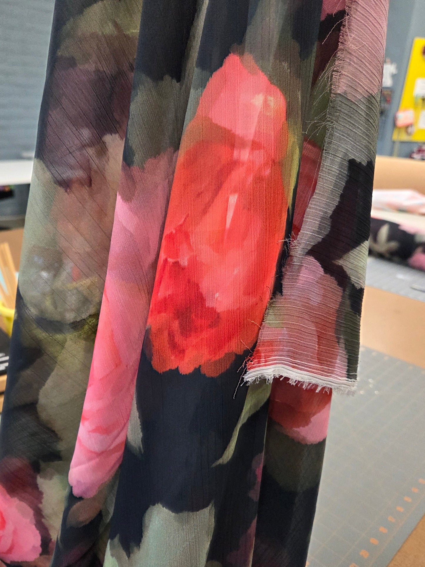 Designer Deadstock Crinkle Textured Romantic Roses Chiffon Woven- by the yard