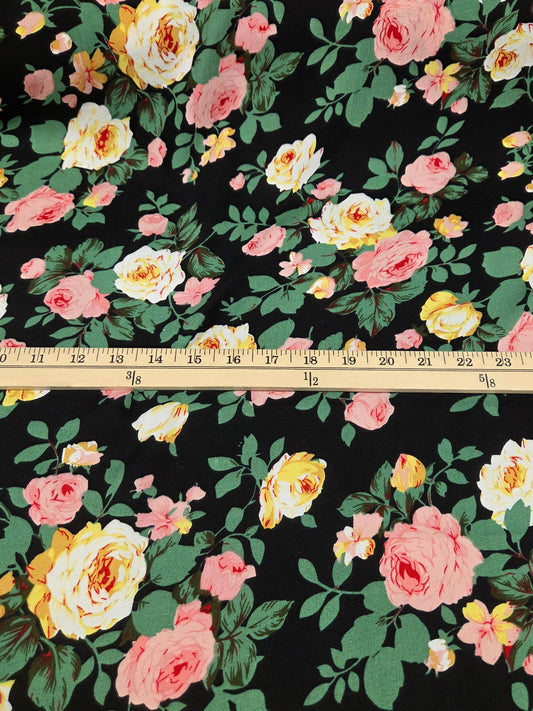 Floral fabric pattern with a ruler for scale on a black background. rayon challis fabric by the yard, cottage core romantic floral