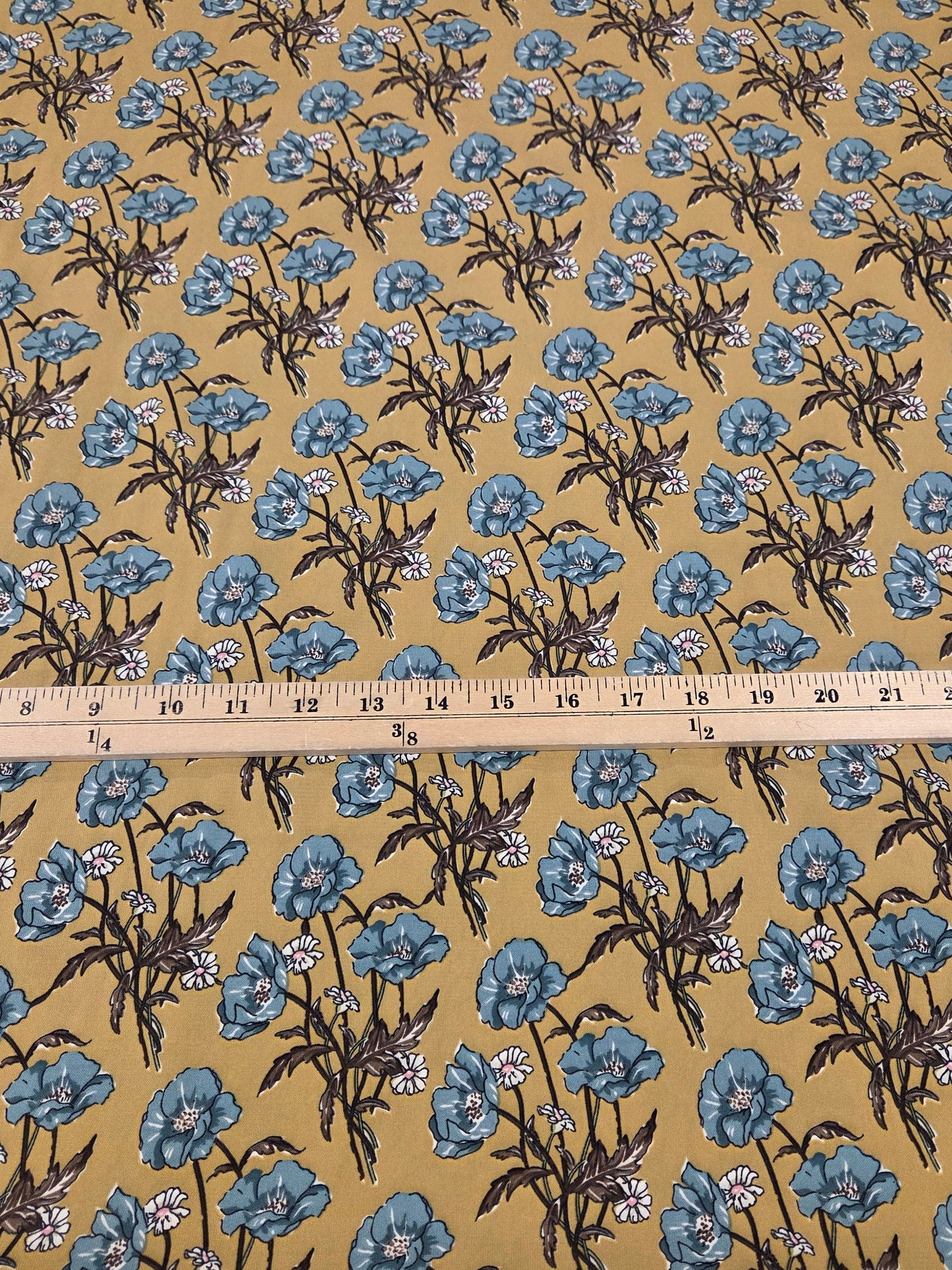End of bolt: 4.5 yards of Designer LA Deadstock Poly Crepe De Chine Beige Florals Blousewear and Blue Woven-remnant