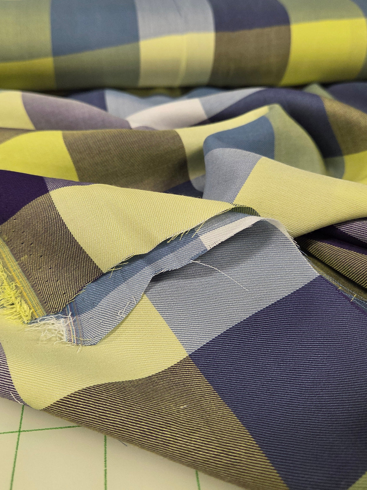 End of Bolt:2-7/8th yards of Designer Deadstock Purple and Chartreuse Lime Large Checker Rayon Twill Challis Woven- remnant