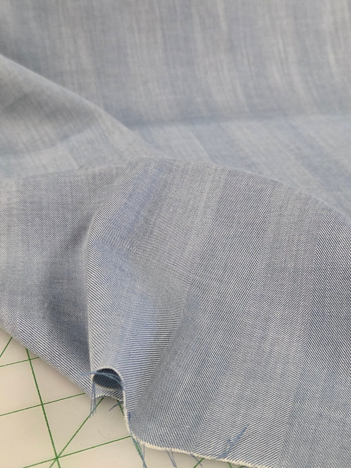 Designer Deadstock Rayon Twill Two Tone Light Blue with Yellow Vertical Stripe Woven- by the yard