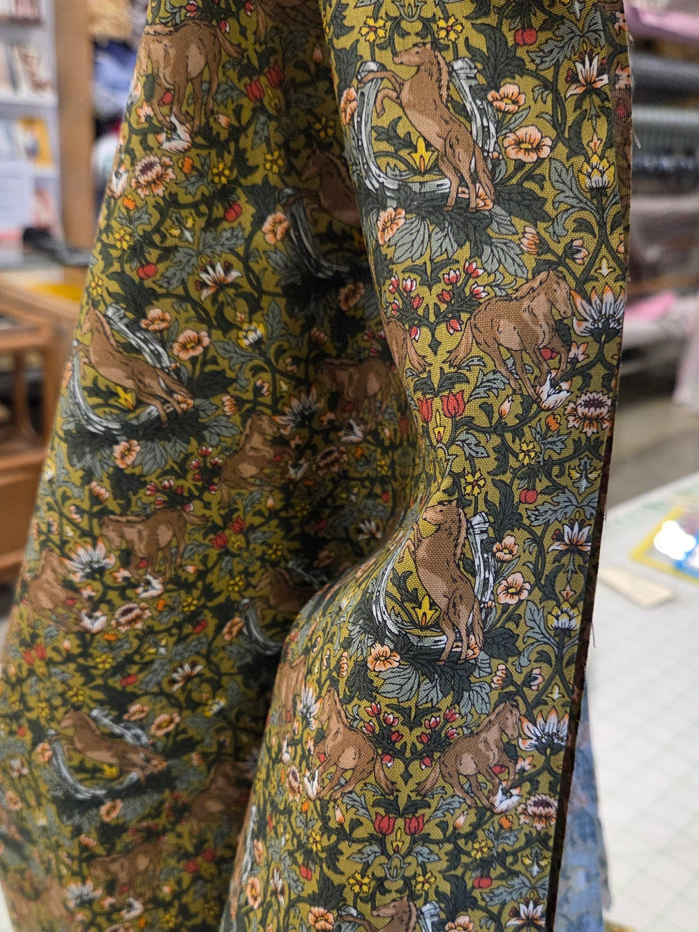 Japan Fabrics: Cosmo Textiles Botanical Florals with Horses Cotton Sheeting Woven- by the yard