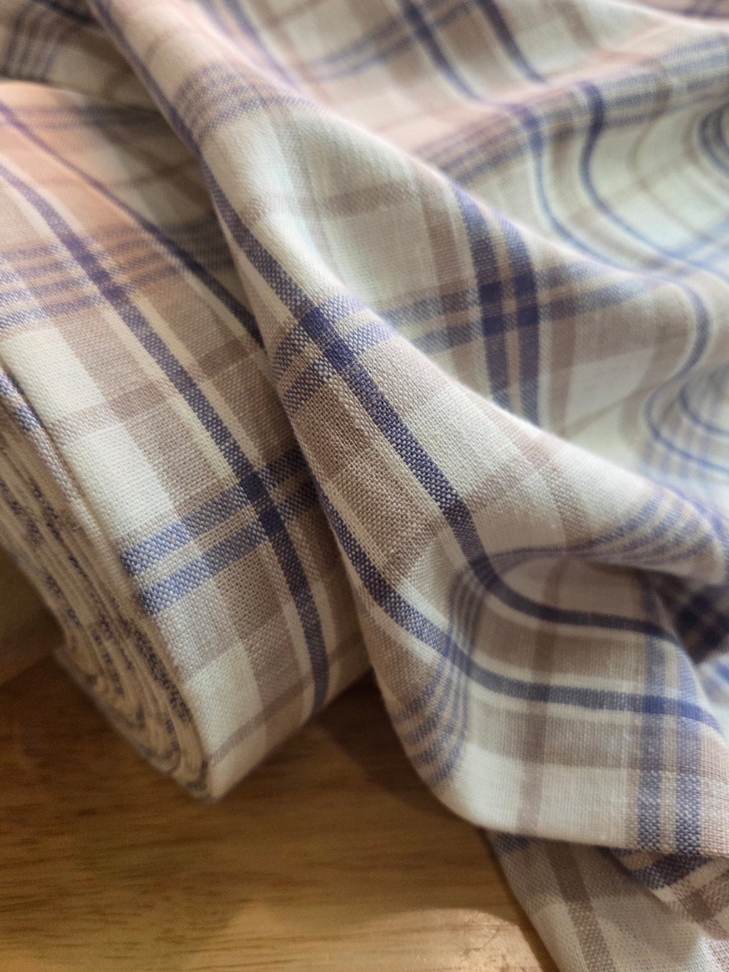 Designer Deadstock Linen Rayon Blend Plaid Yarn Dyed Woven Beige and Navy -by the yard