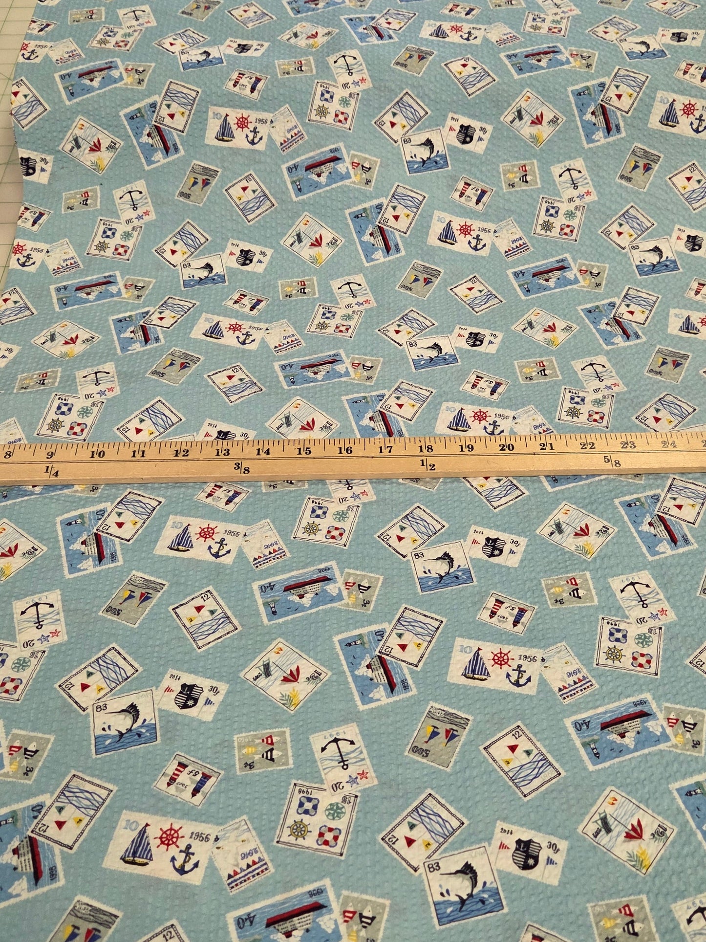 Japan Fabrics: Sevenberry Cotton Seersucker Nautical Stamps Print Light Blue Woven- by the yard