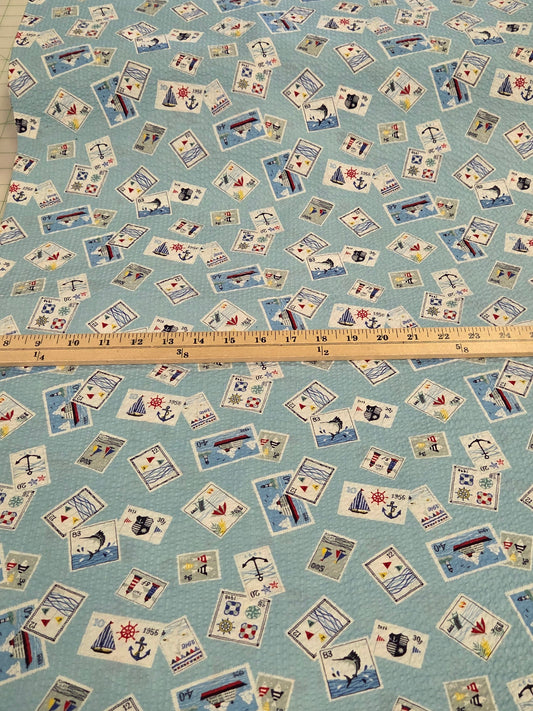 Japan Fabrics: Sevenberry Cotton Seersucker Nautical Stamps Print Light Blue Woven- by the yard