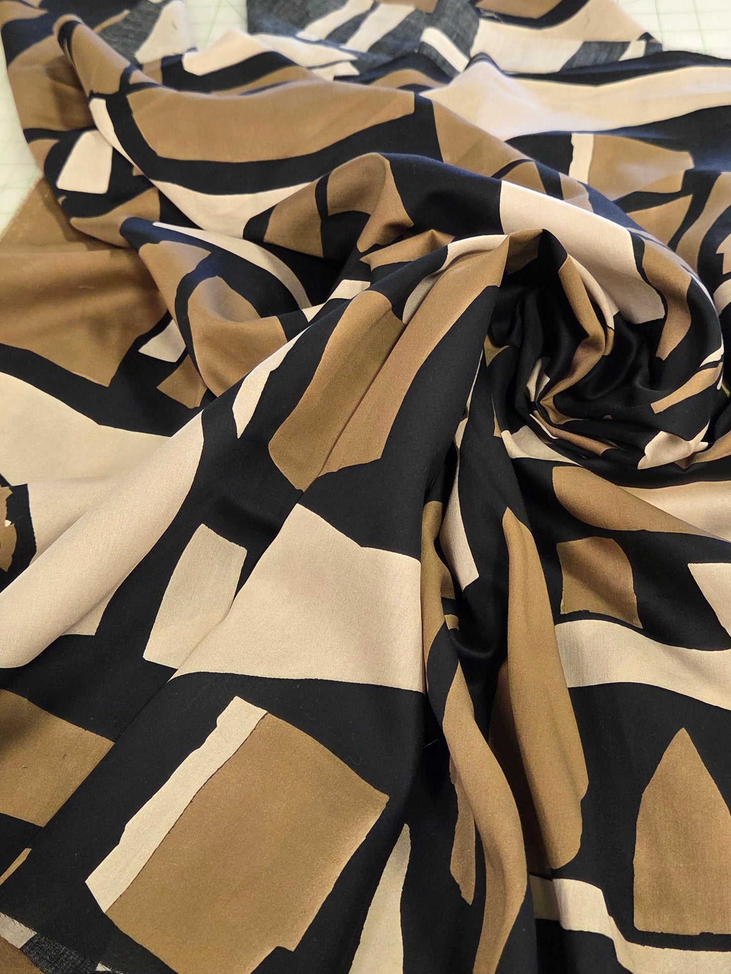 Designer Deadstock French Cotton Abstract Geo Black, Gold and Champagne Voile Woven- by the yard