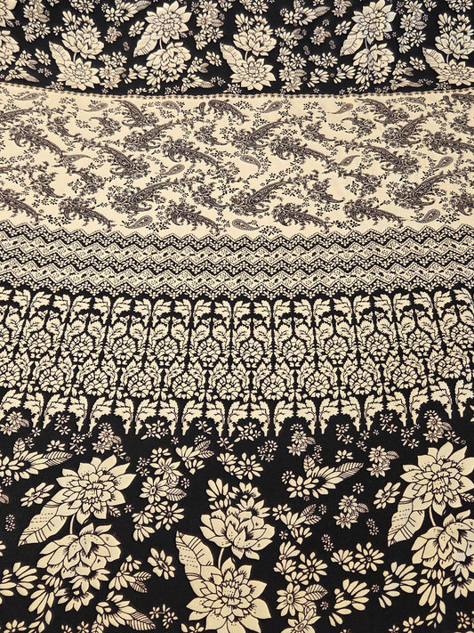 Designer Deadstock Bohemian Rayon Twill Black and Cream Floral and Paisleys Woven-by the yard