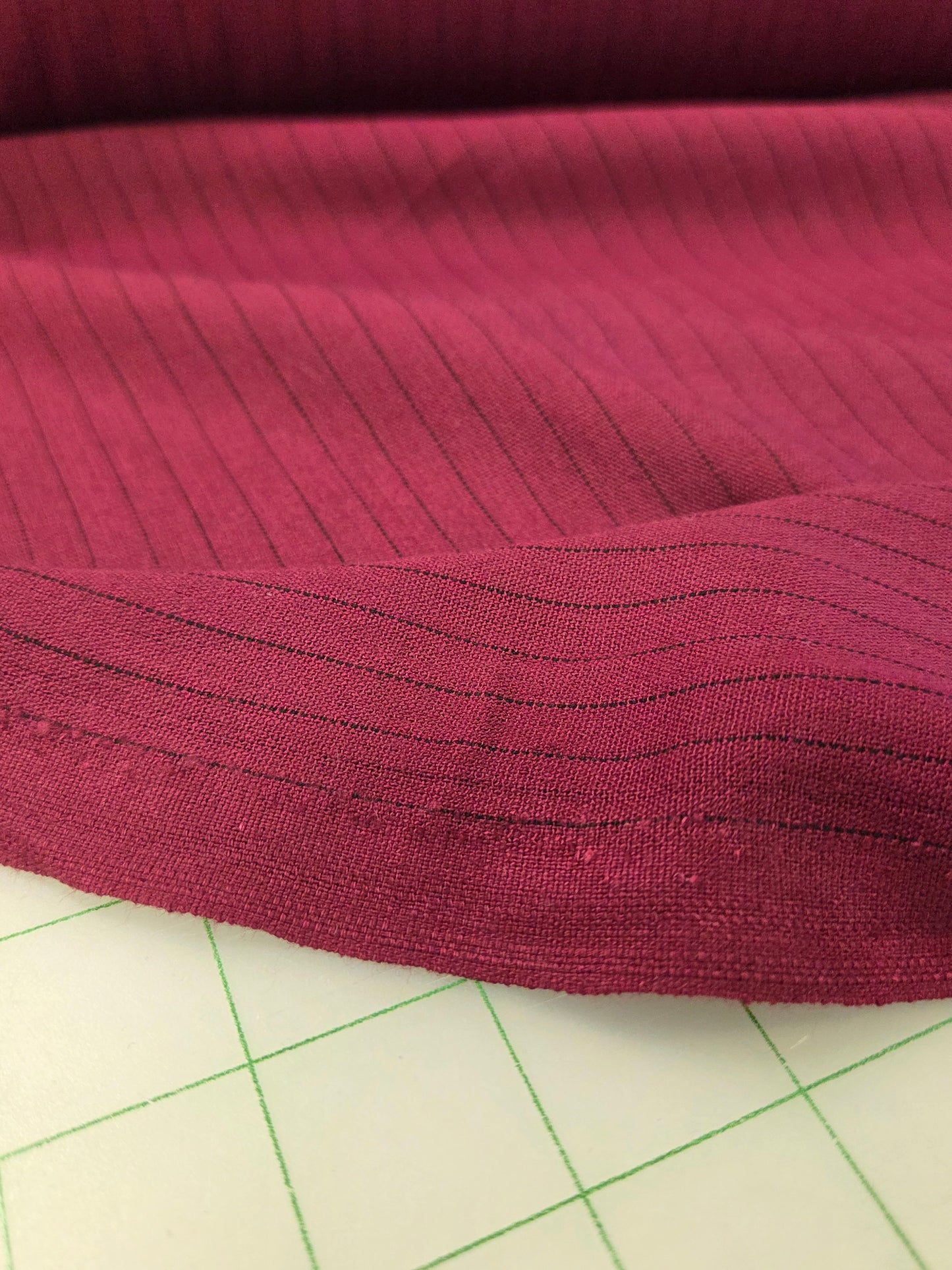 Designer Deadstock Burgundy with Vertical Micro Stripe Black Linen Woven- by the yard