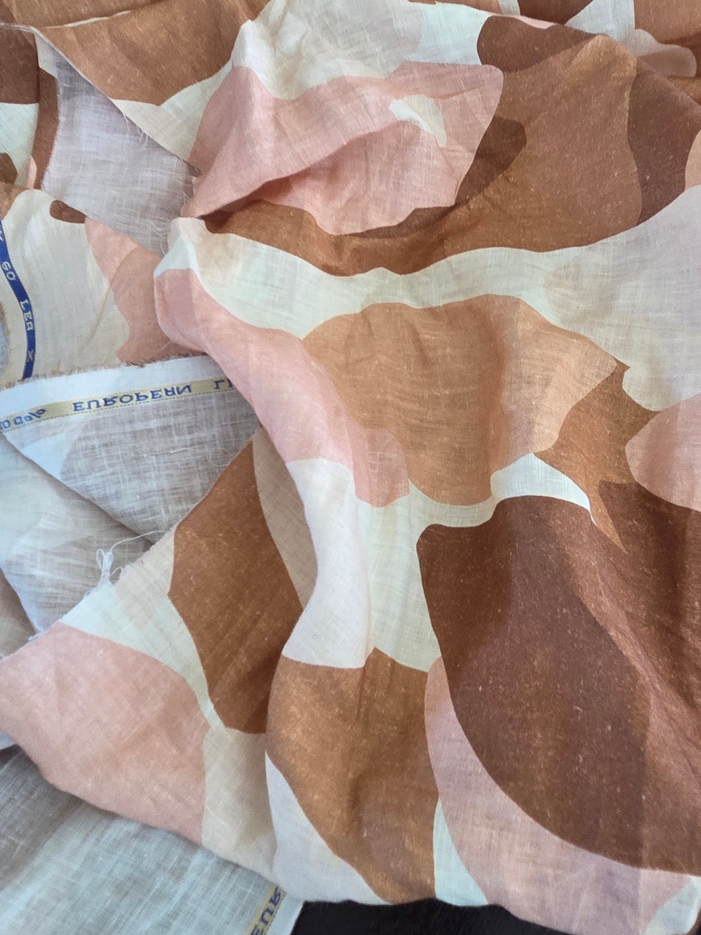 Designer Deadstock 100% Linen Morocco Abstract Brown and Dusty Pink Woven- by the yard