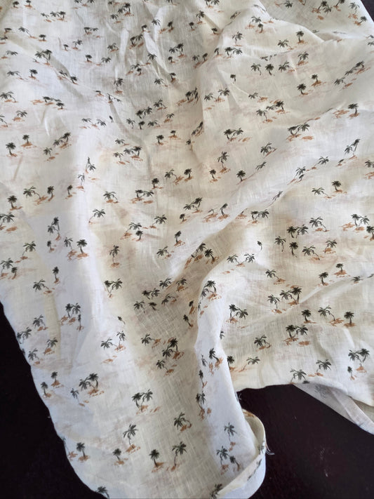 Designer Deadstock Palm Tree Beachy Vibes Cream Beige 100% Linen Woven- by the yard