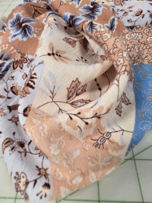 Fall Rayon Cottage Core Patchwork Peach and Blue Floral Crinkle Gauze Woven - by the yard