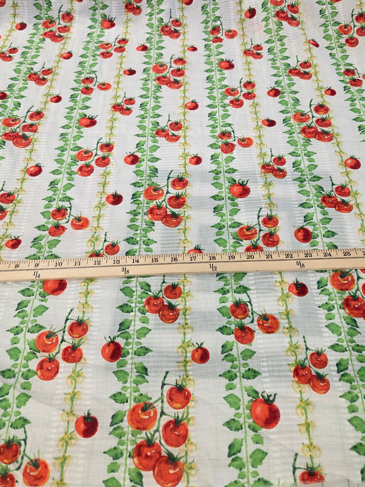 Designer Deadstock Tomatoes on Vines Cotton Textured White Voile Woven- by the yard
