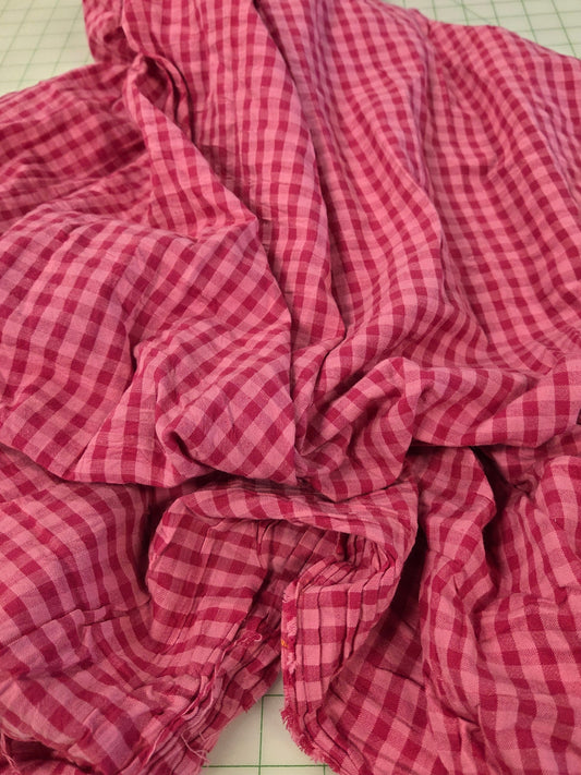 Designer Deadstock Cotton Seersucker Pink Gingham Check Woven- by the yard